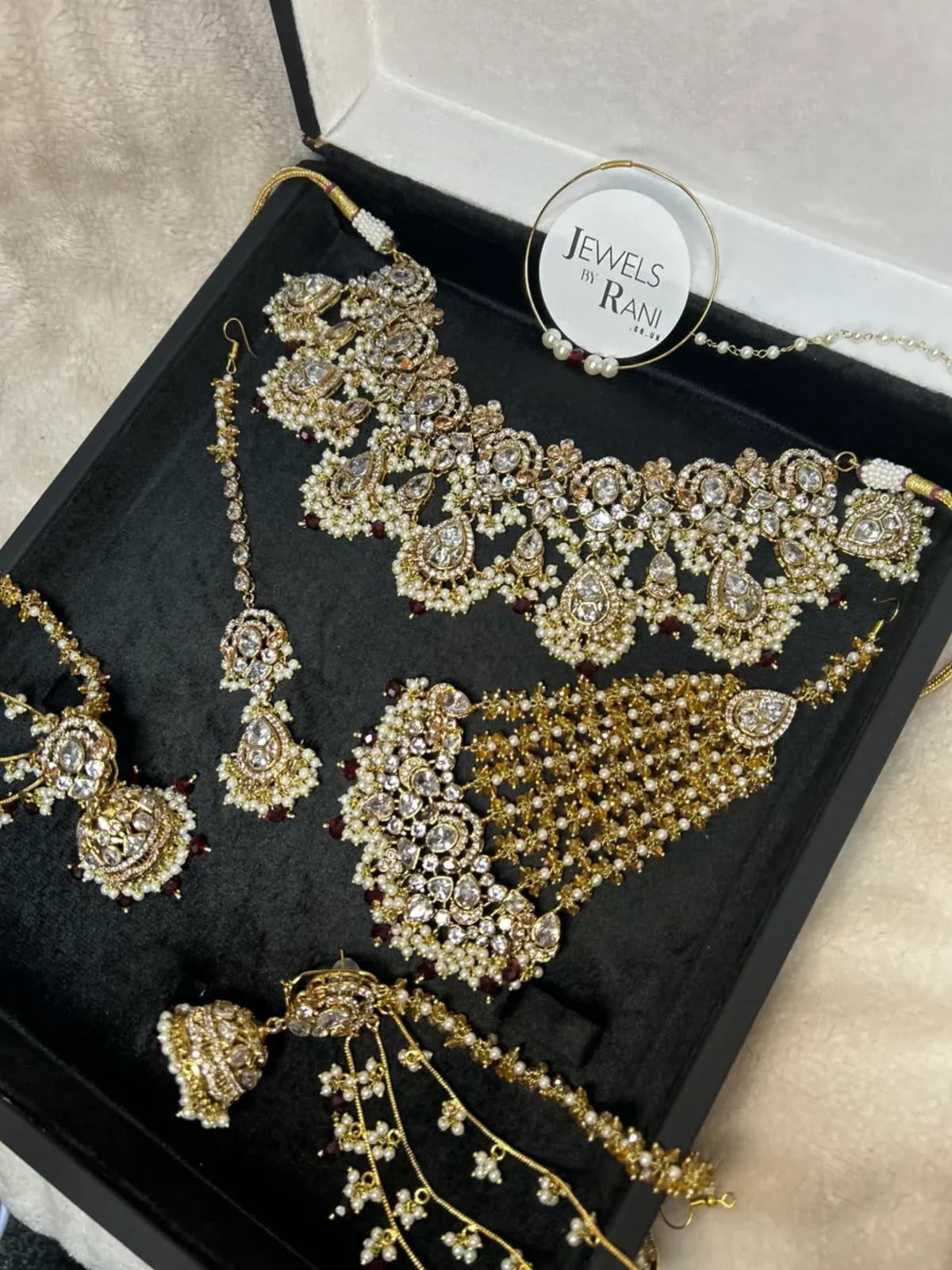 Beautiful Maroon, Pearly White & Gold 22 crt Gold Plated Bridal Jewellery Set