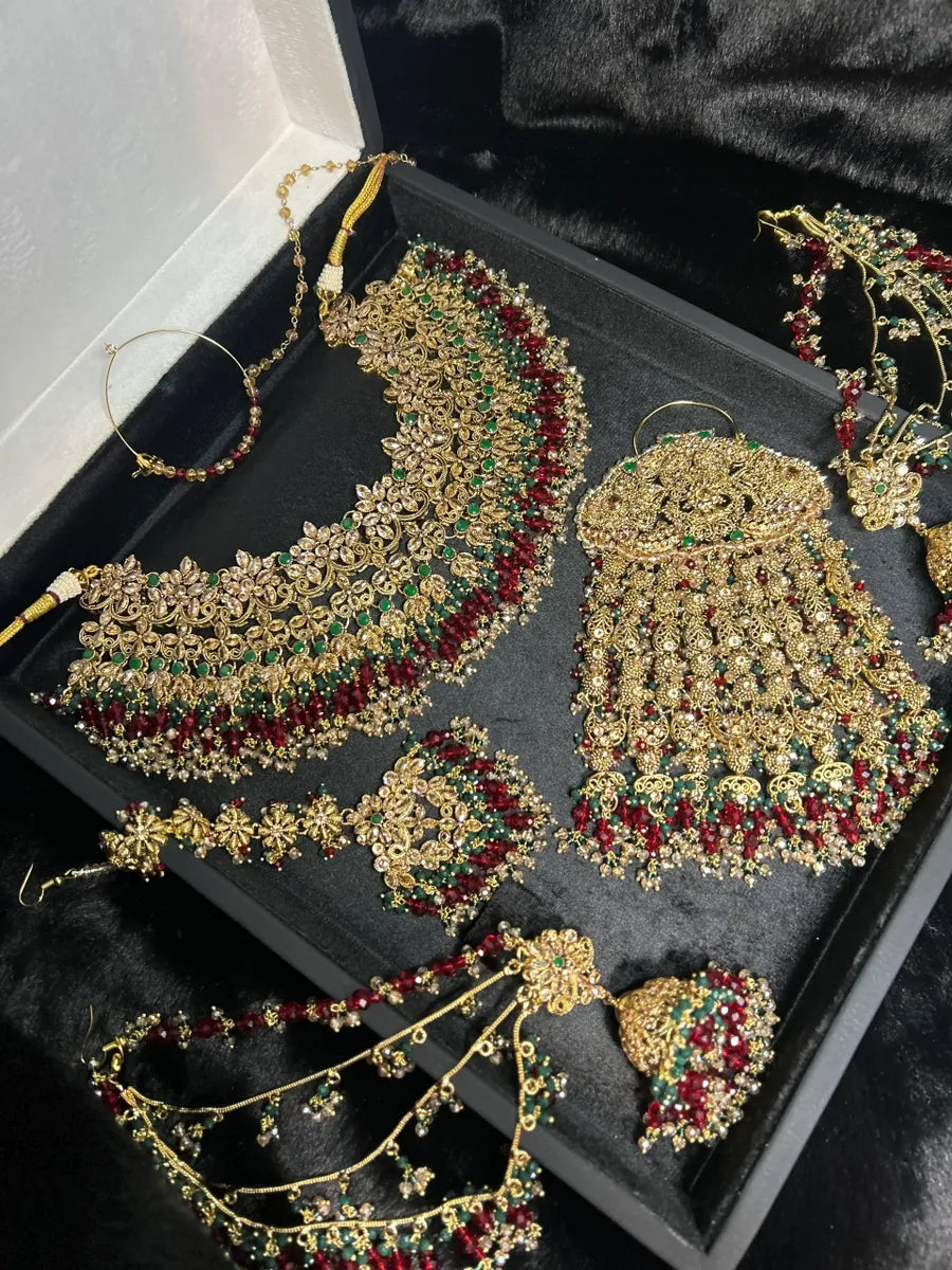 PRE ORDER 6 Weeks - Deep Red & Green Necklace Set - Gold Plated - Jewelsbyrani