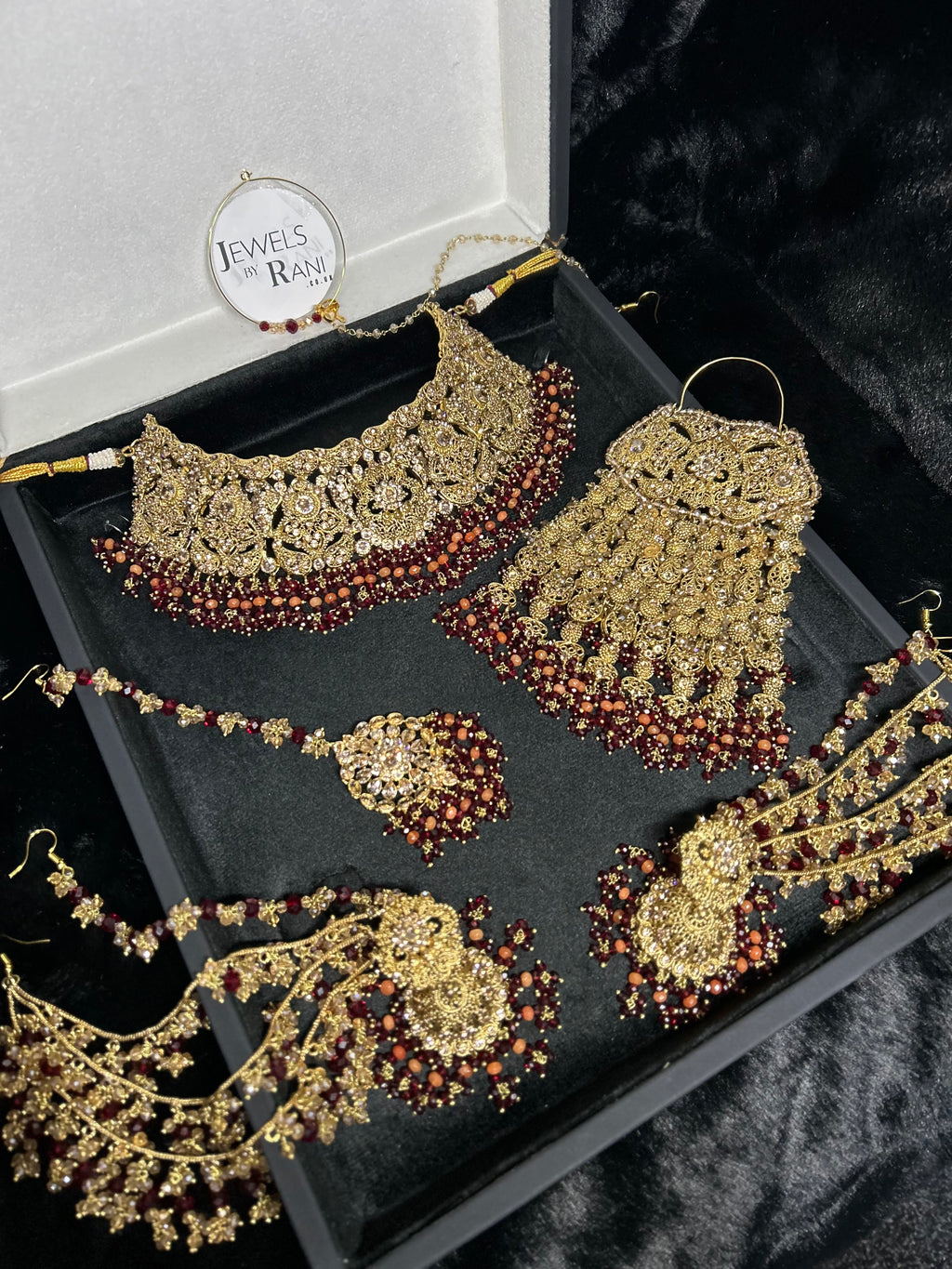 Pre order - 22 crt Gold Plated - Beautiful Maroon and Burnt Orange  Pakistani Bridal Jewellery Set