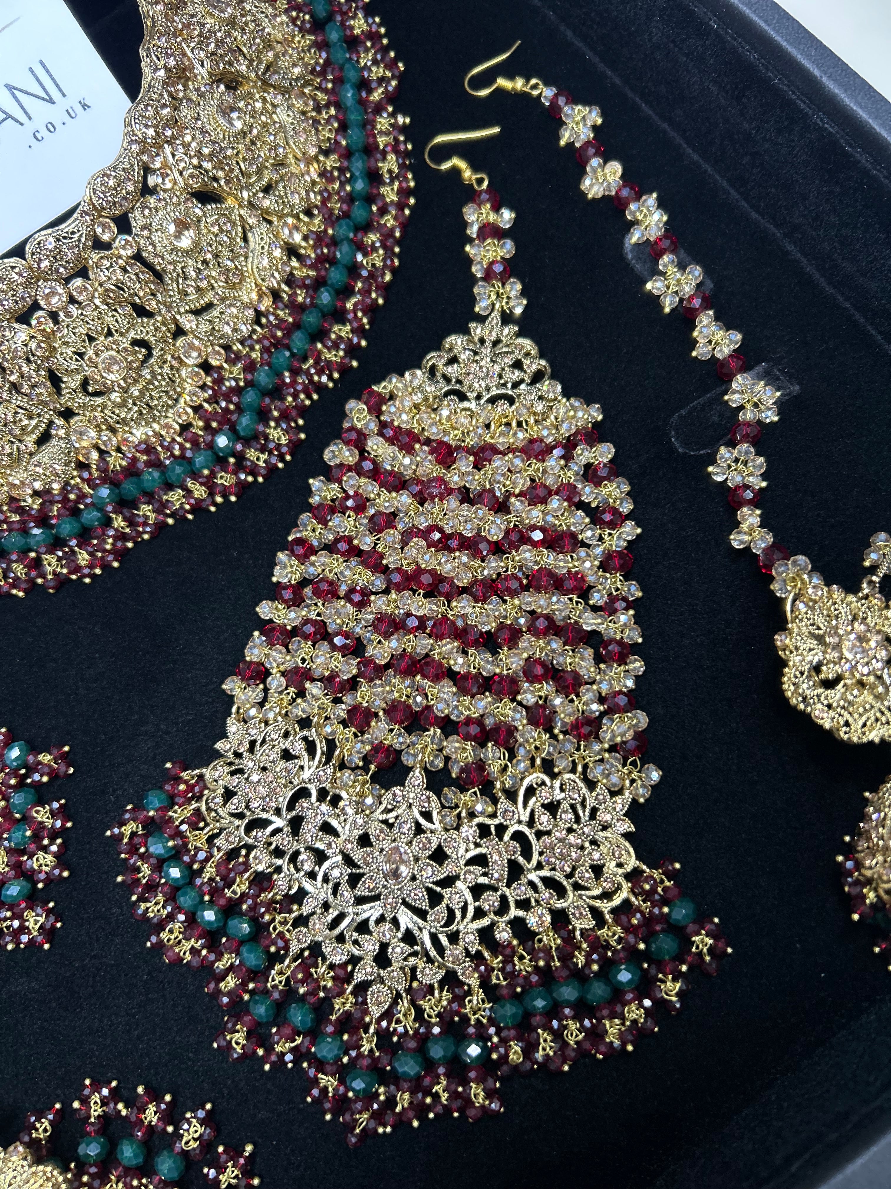 Pre order 6 Weeks - Stunning Green and Maroon Bridal Jewellery Set