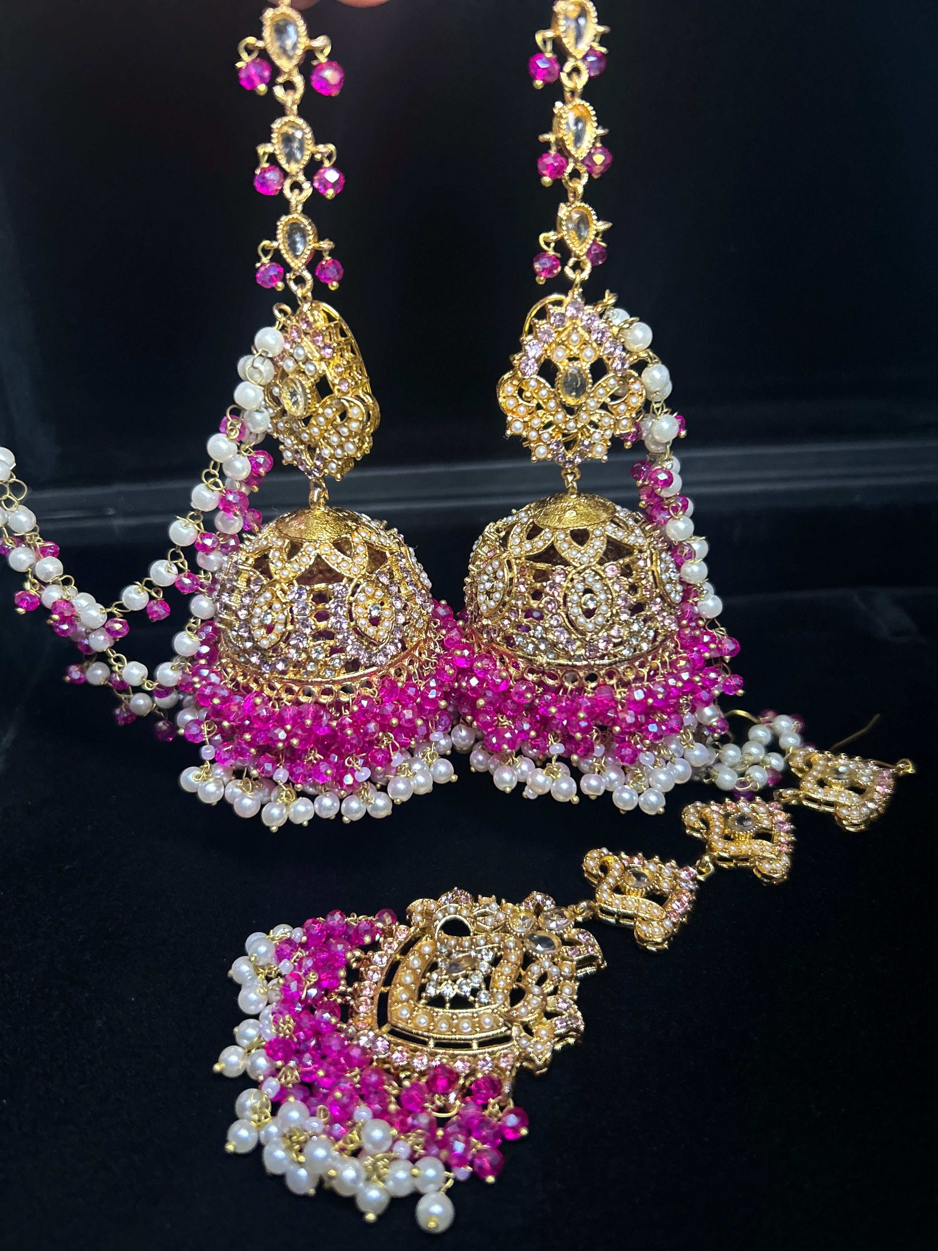 Hot pink and White Multi Coloured Jhumkes & Tikka Set
