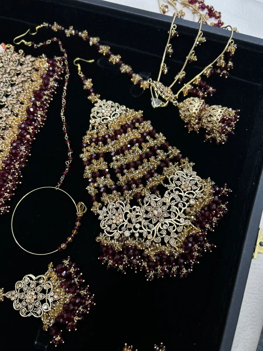 Trending Pakistani Choker Maroon Full Bridal Jewellery Set/ Style 95 - Jewelsbyrani