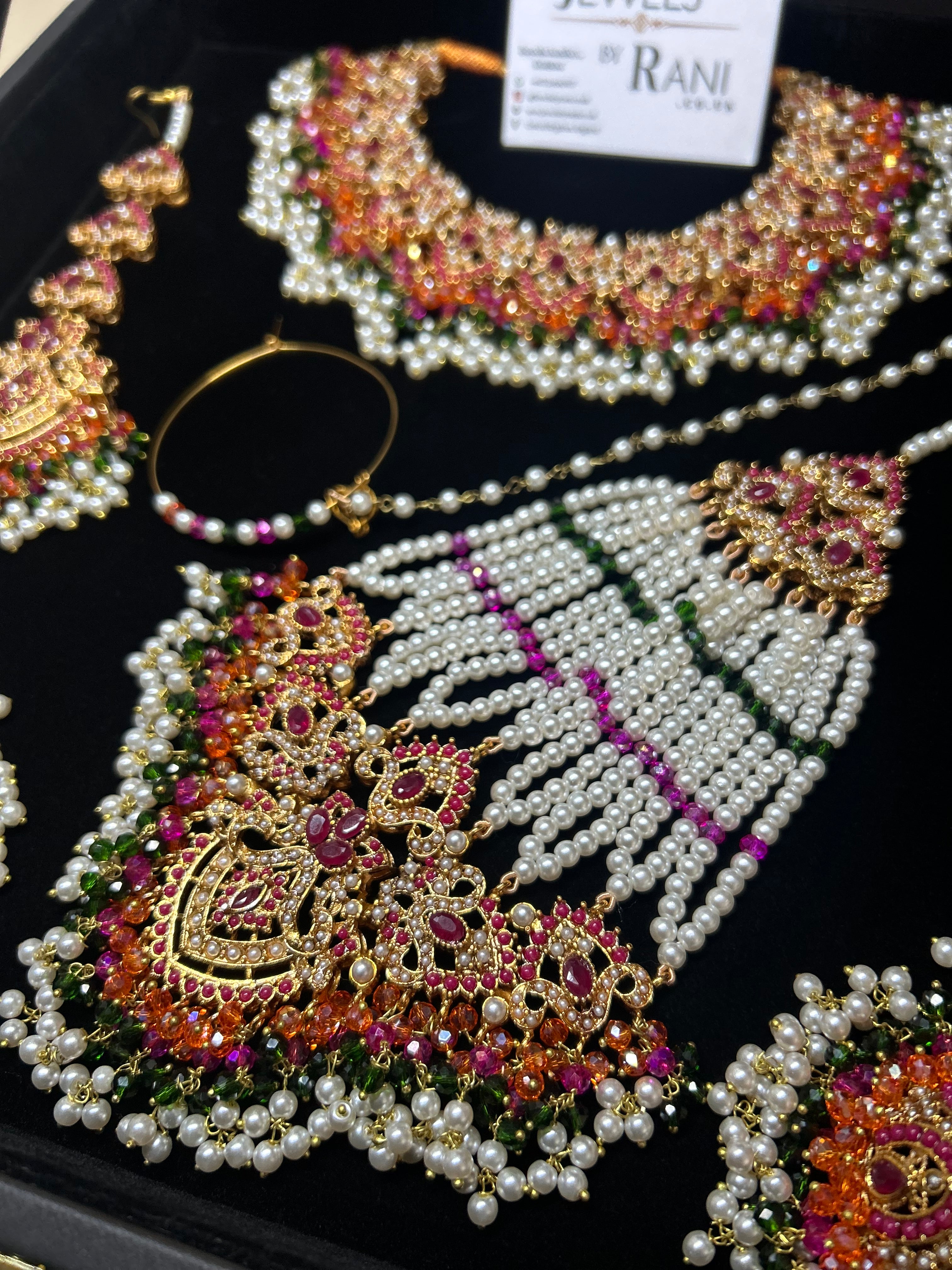 Green, Hot pink, Gold & White coloured necklace set, with heavily beaded Jhumkies & tikka (Copy)