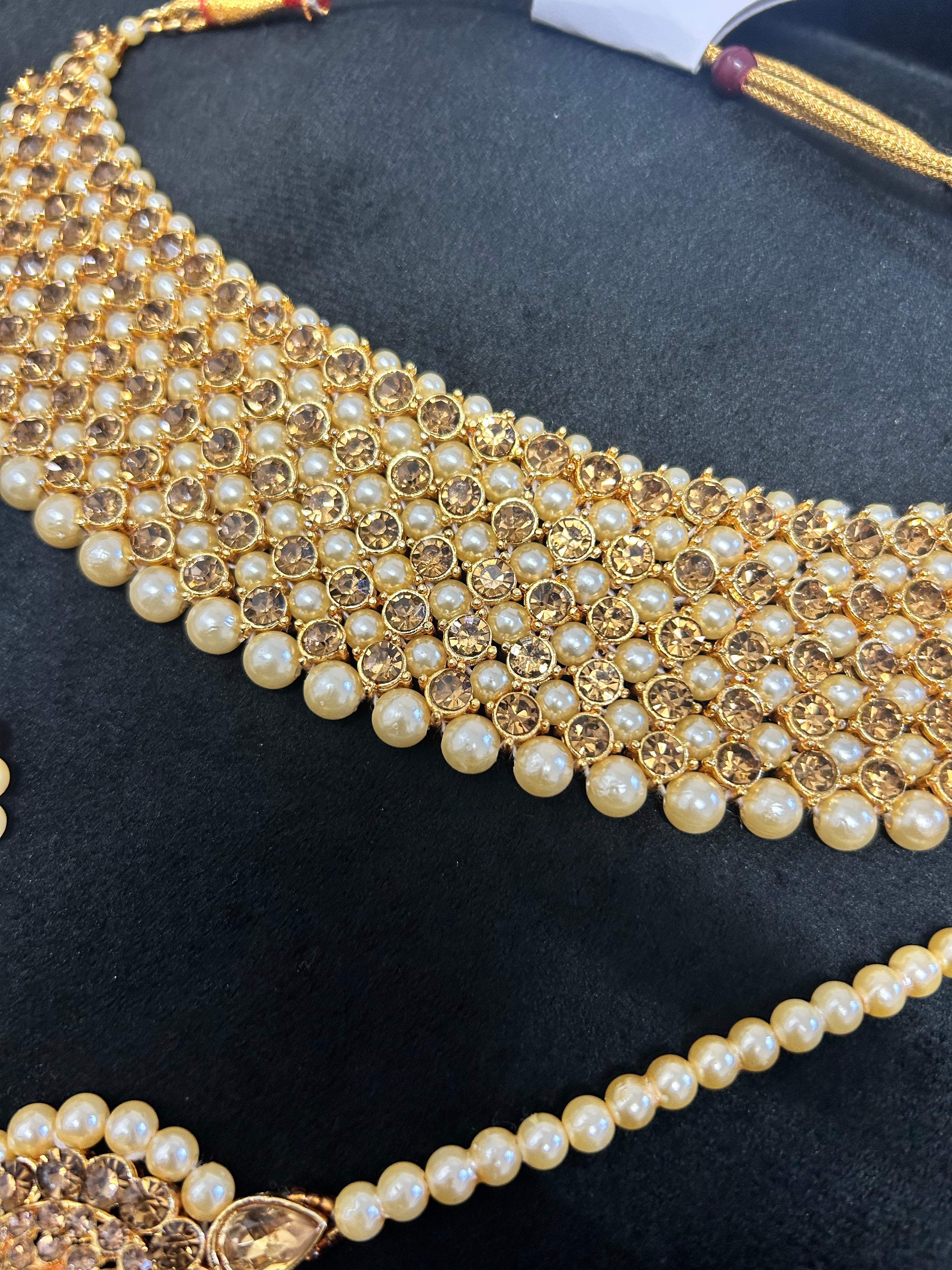 Beautiful Pearly Light Weight Gold and White Necklace with Earrings and Tikka