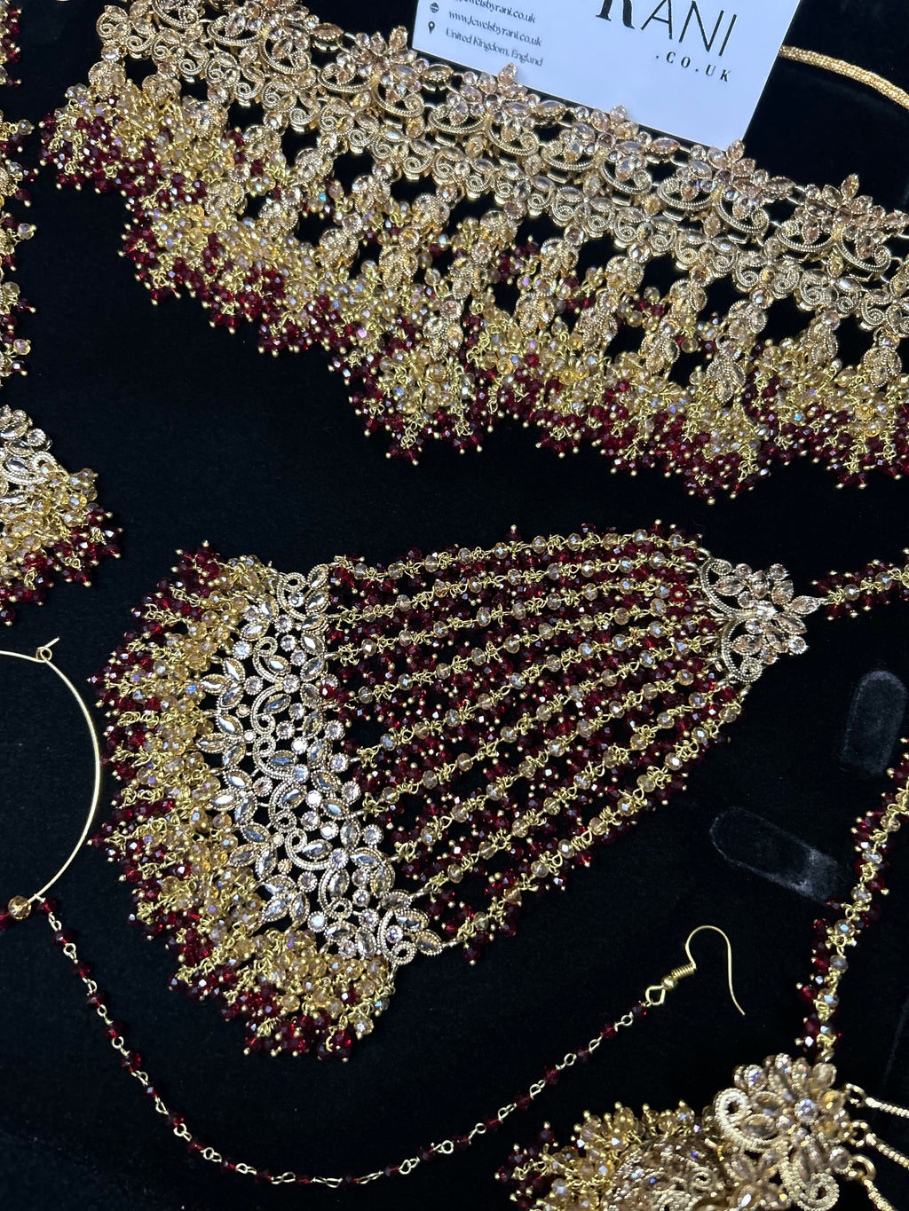 PRE ORDER: 6 Week Making time- Beautiful Maroon & Gold Dangle Necklace  22crt Gold Plated Bridal Jewellery Set
