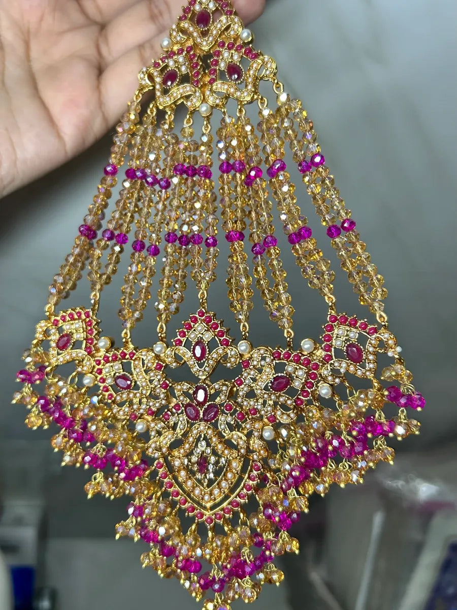 Hot pink & Gold Multi Coloured heavily beaded jhumar - Jewelsbyrani