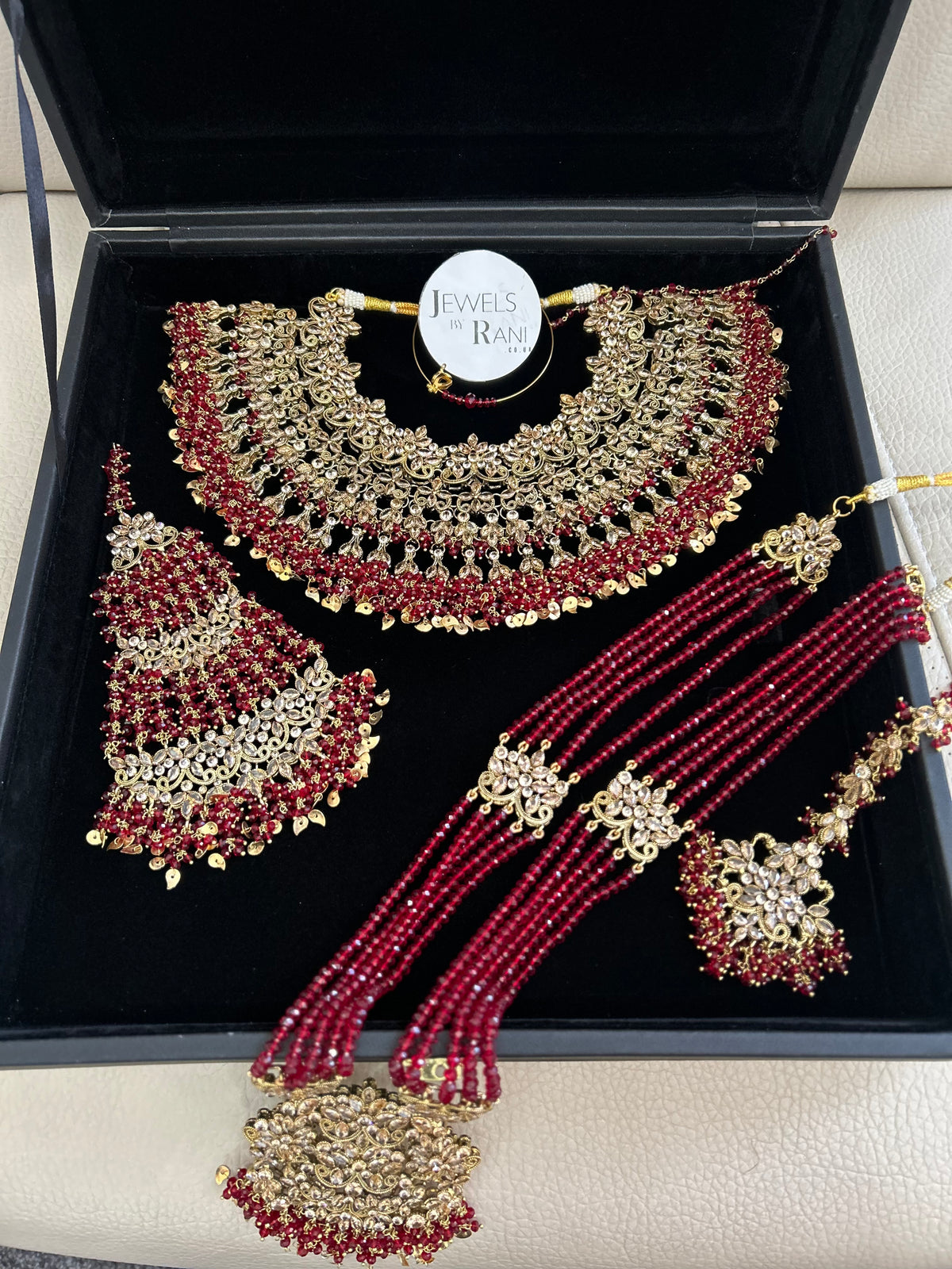 Pre Order 6 Weeks- Deep Red and Gold Large Necklace, Jhumar and Mala Set Perfect for Hijabis