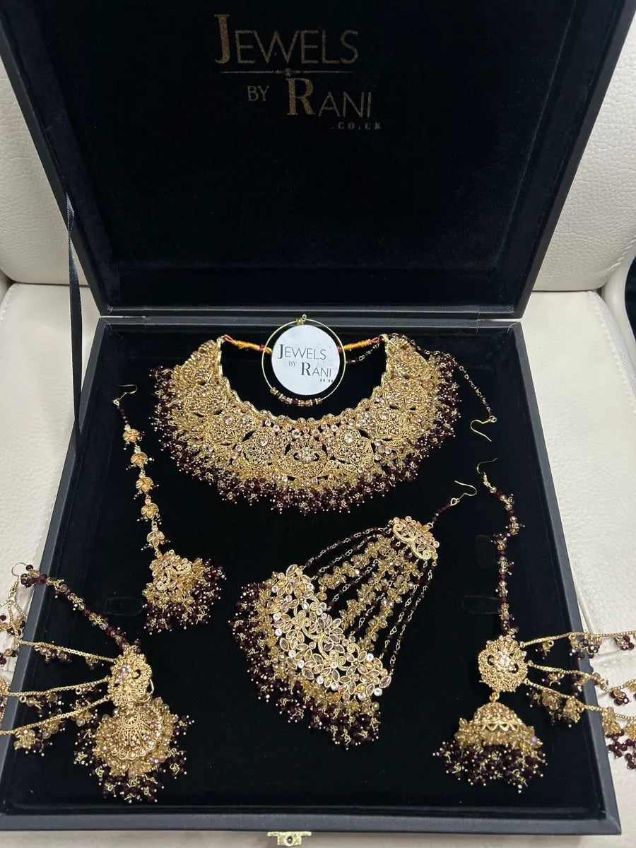 Deep Maroon & Gold Collar Necklace set, with heavily beaded earrings & tikka. - Jewelsbyrani