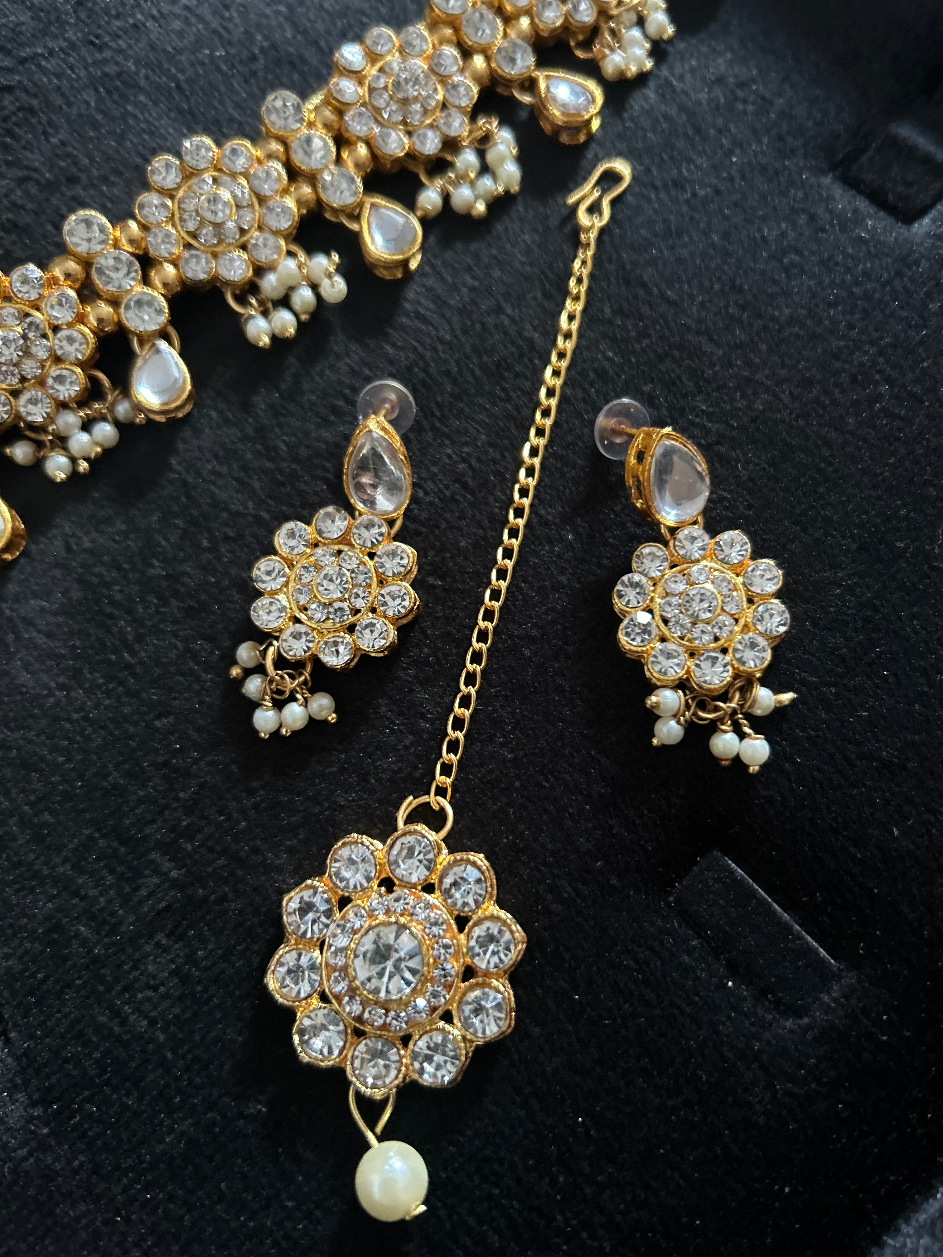 Beautiful Light Weight Silver and White Choker with Earrings and Tikka