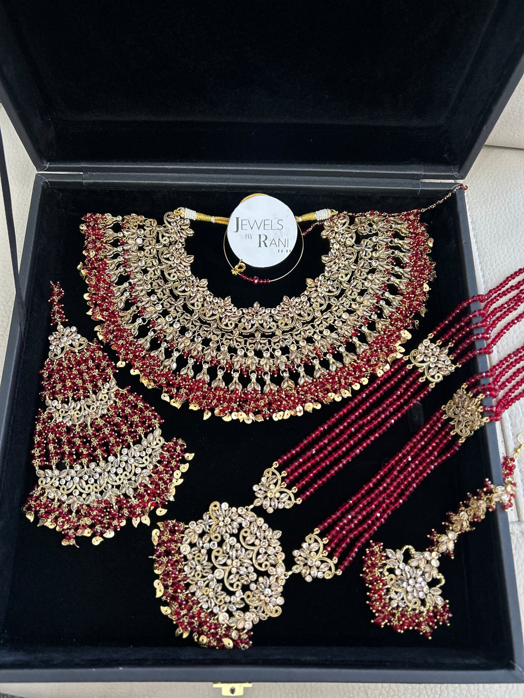 Pre Order 6 Weeks- Deep Red and Gold Large Necklace, Jhumar and Mala Set Perfect for Hijabis