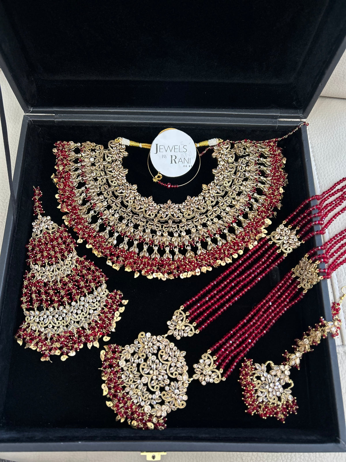 Pre Order 6 Weeks- Deep Red and Gold Large Necklace, Jhumar and Mala Set Perfect for Hijabis