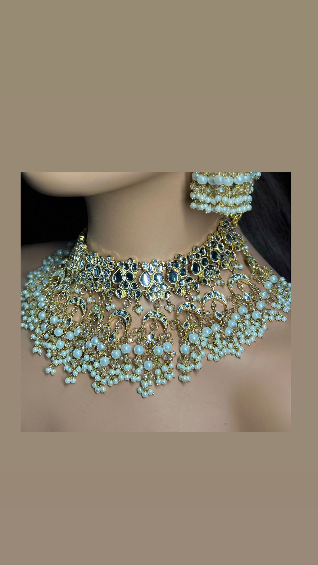 Pre order 6 Weeks - White Kundan Bridal Jewellery Set Matha Patti, Necklace and Jhumkies + nose ring 22crt Gold Plated