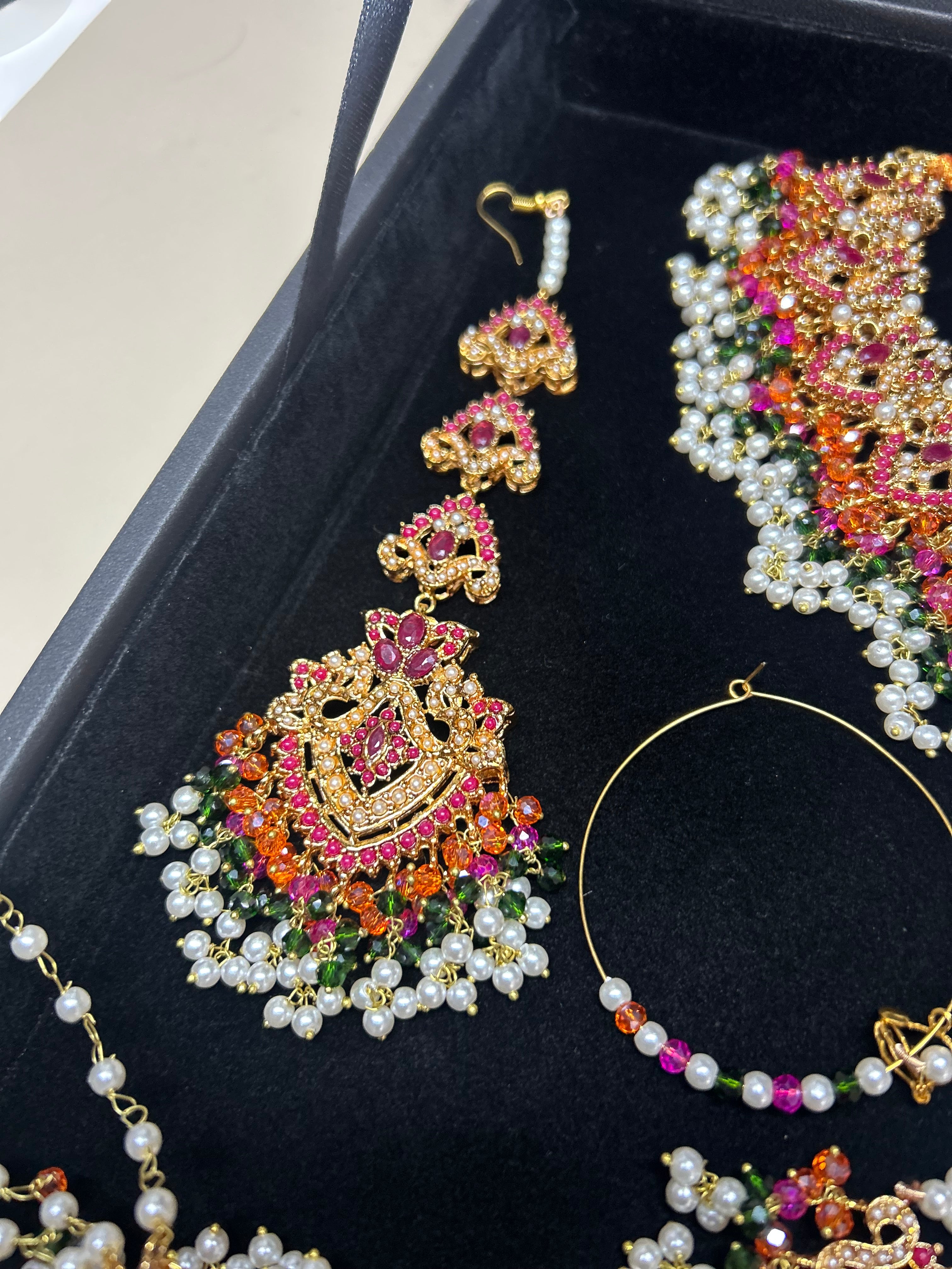 Green, Hot pink, Gold & White coloured necklace set, with heavily beaded Jhumkies & tikka (Copy)