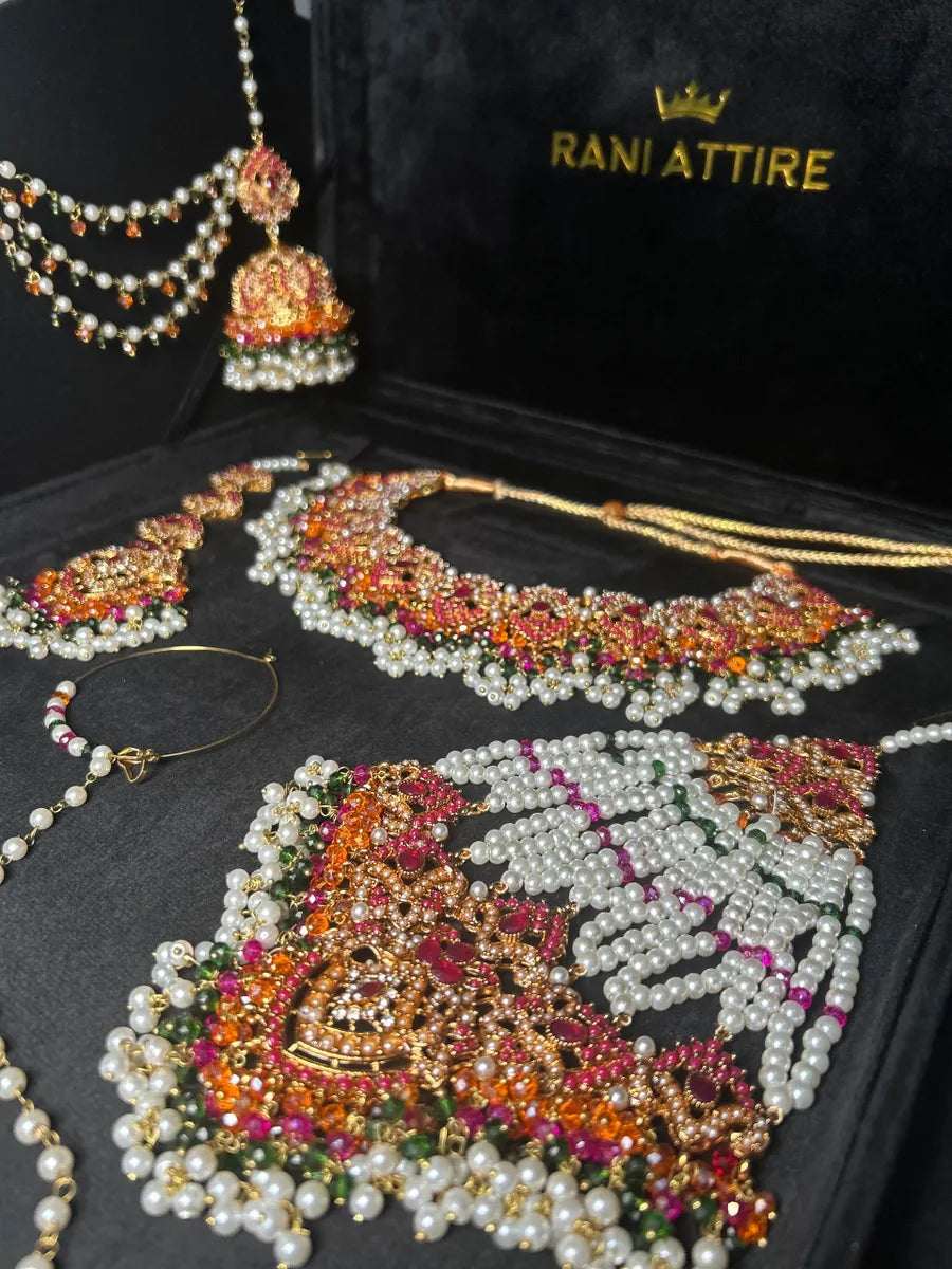 Multi White, Green, Orange & Hot Pink coloured necklace set, with heavily beaded Jhumkies & tikka | Gold Stones - Jewelsbyrani