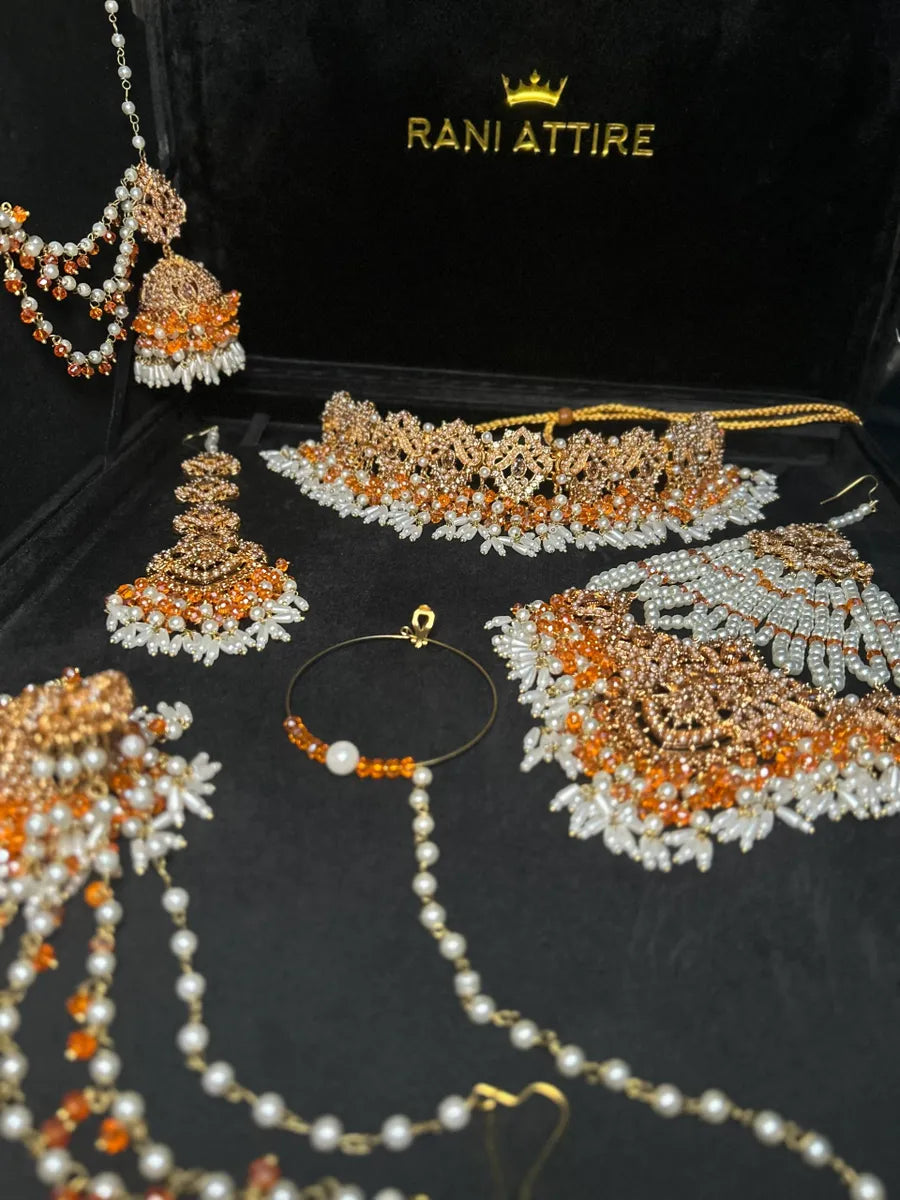 White & Orange Choker set, with heavily beaded earrings & tikka - Jewelsbyrani