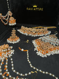 White & Orange Choker set, with heavily beaded earrings & tikka - Jewelsbyrani