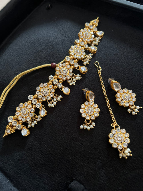 Beautiful Light Weight Silver and White Choker with Earrings and Tikka