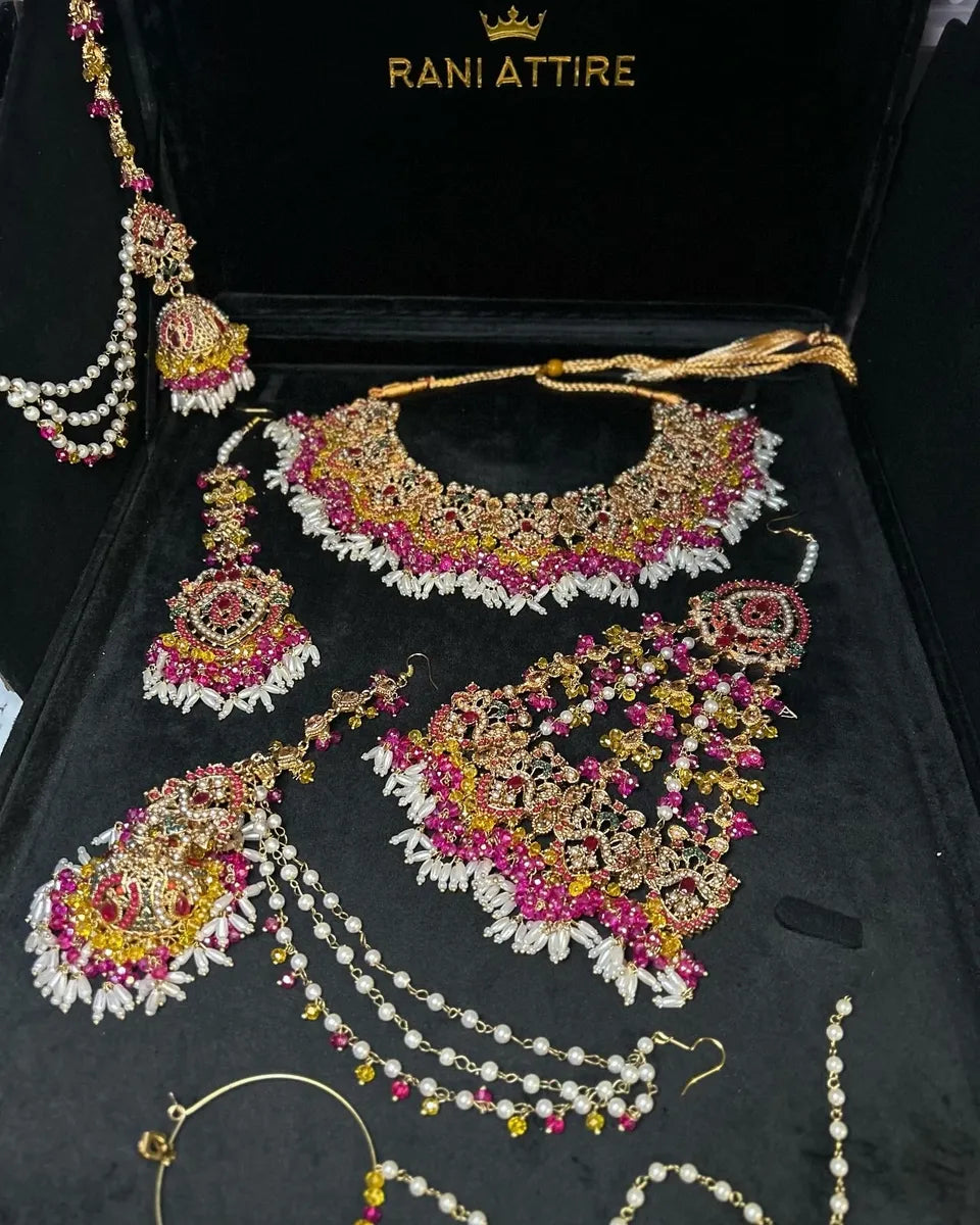 Stunning Yellow & Pink Multi coloured necklace set, with heavily beaded earrings & tikka - Jewelsbyrani