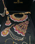 Stunning Yellow & Pink Multi coloured necklace set, with heavily beaded earrings & tikka - Jewelsbyrani