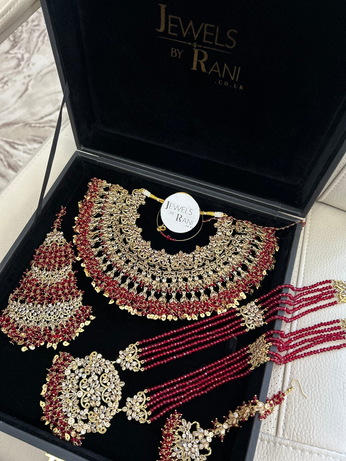 Pre Order 6 Weeks- Deep Red and Gold Large Necklace, Jhumar and Mala Set Perfect for Hijabis
