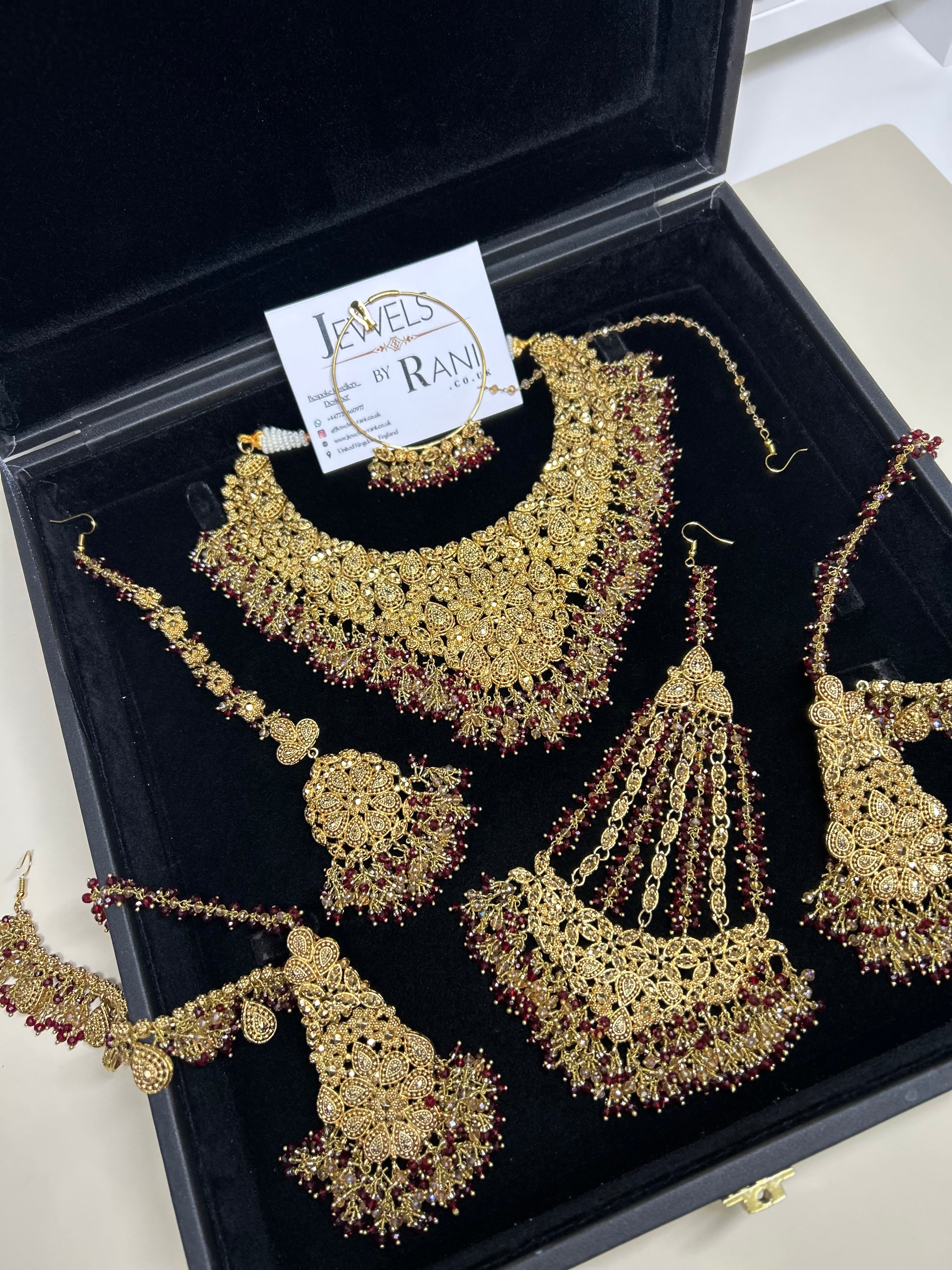 PRE ORDER: 6 Week Making time- Beautiful Maroon & Gold 22crt Gold Plated Bridal Jewellery Set (flat necklace)