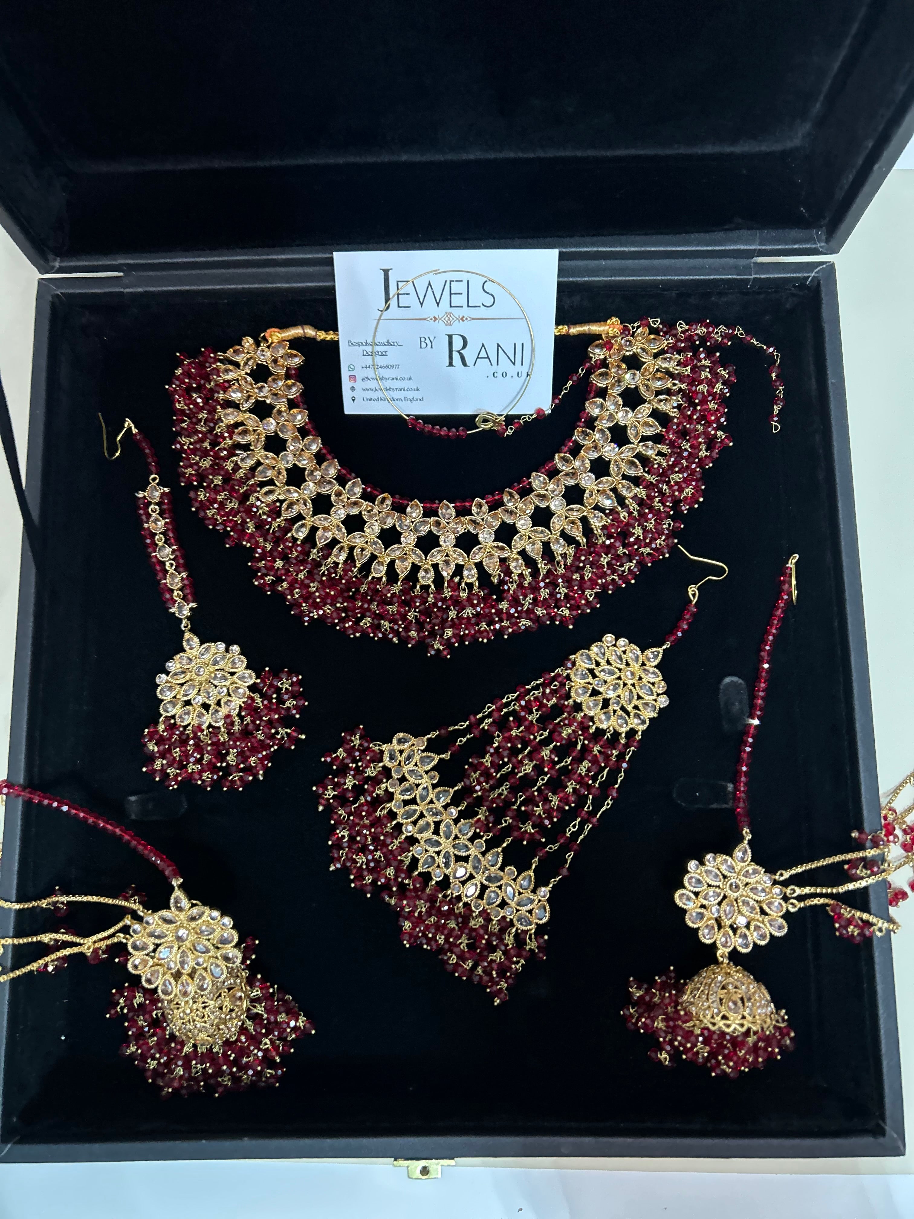 Deep Red Necklace set, with heavily beaded Earrings & tikka