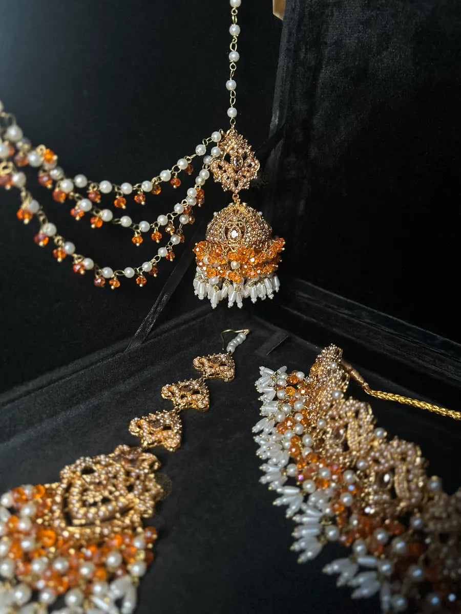 White & Orange Choker set, with heavily beaded earrings & tikka - Jewelsbyrani