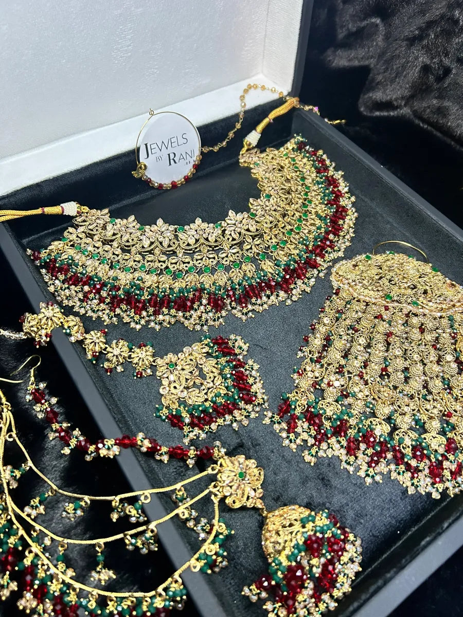 PRE ORDER 6 Weeks - Deep Red & Green Necklace Set - Gold Plated - Jewelsbyrani