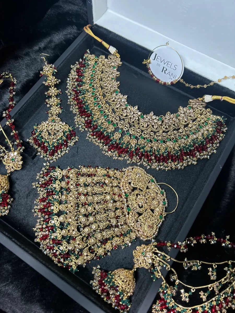 PRE ORDER 6 Weeks - Deep Red & Green Necklace Set - Gold Plated - Jewelsbyrani