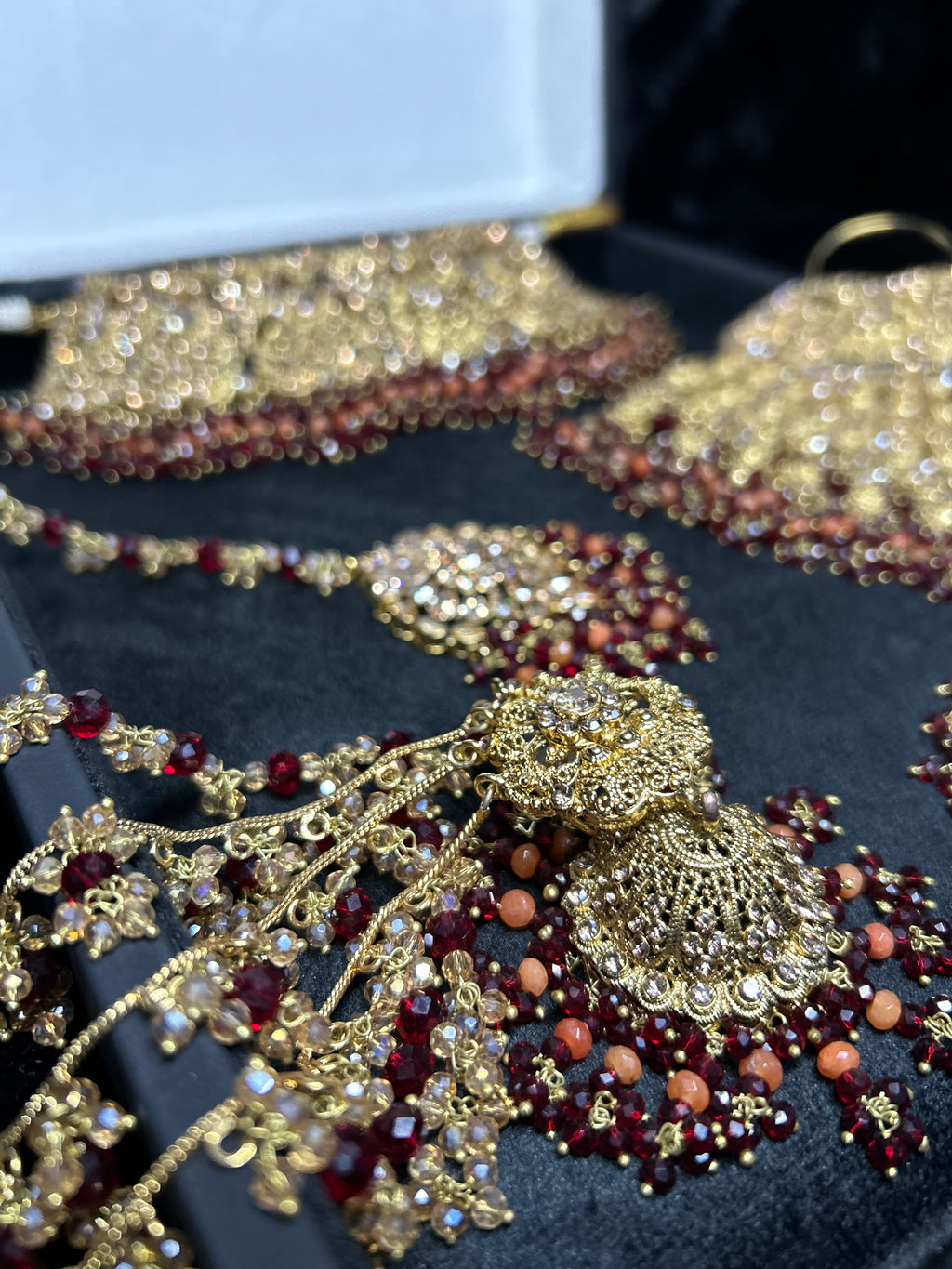 Pre order - 22 crt Gold Plated - Beautiful Maroon and Burnt Orange  Pakistani Bridal Jewellery Set