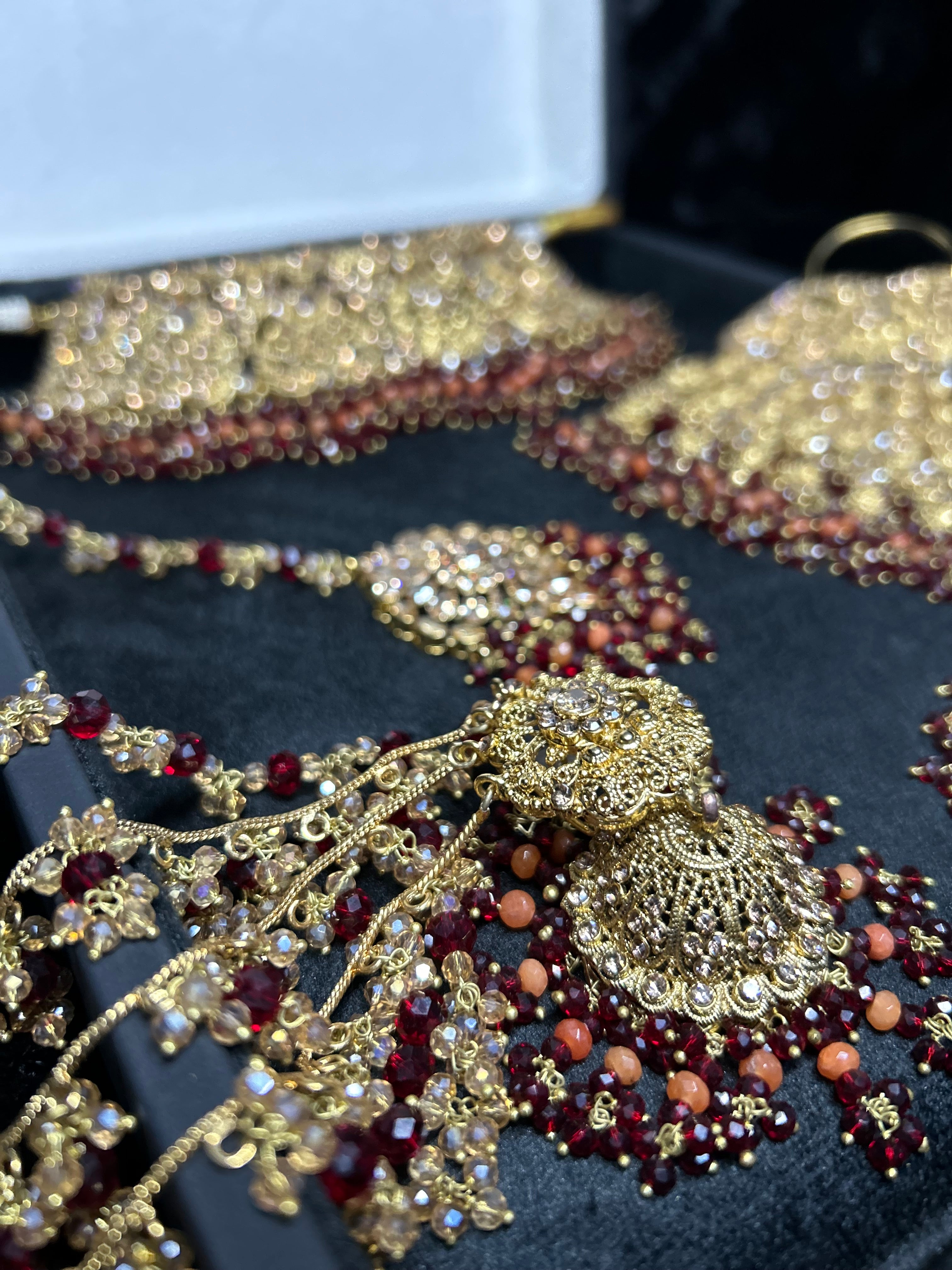 Pre order - 22 crt Gold Plated - Beautiful Maroon and Burnt Orange  Pakistani Bridal Jewellery Set