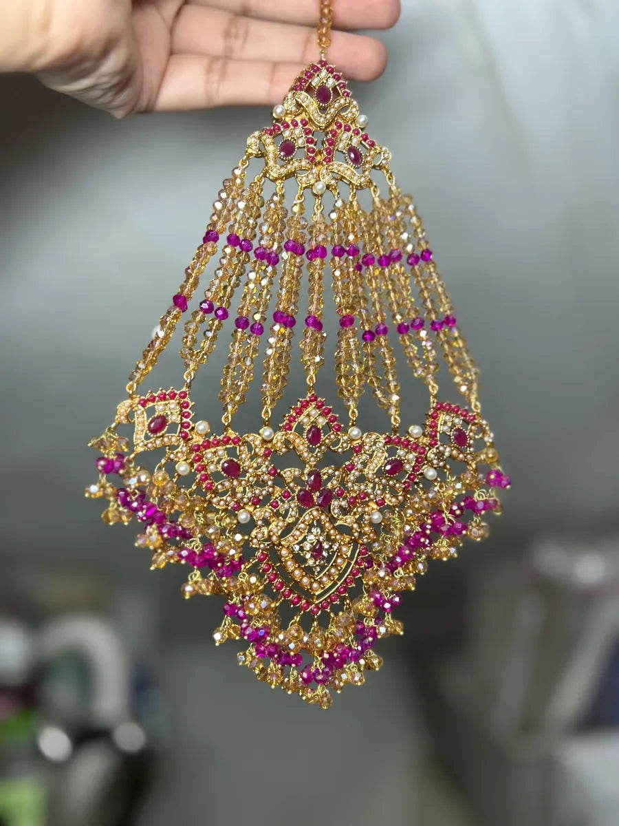 Hot pink & Gold Multi Coloured heavily beaded jhumar