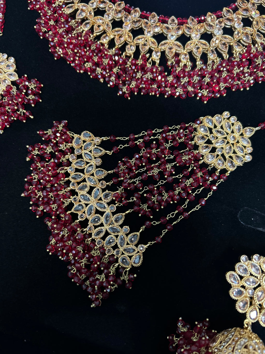 Deep Red Necklace set, with heavily beaded Earrings & tikka