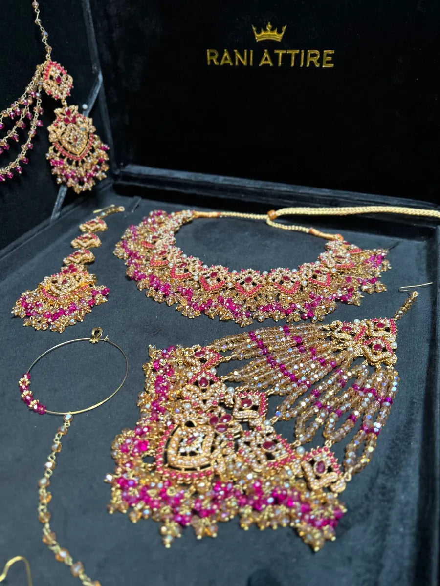 Beautiful Hot Pink & Gold Bridal Necklace Mehndi Set - Jewelsbyrani