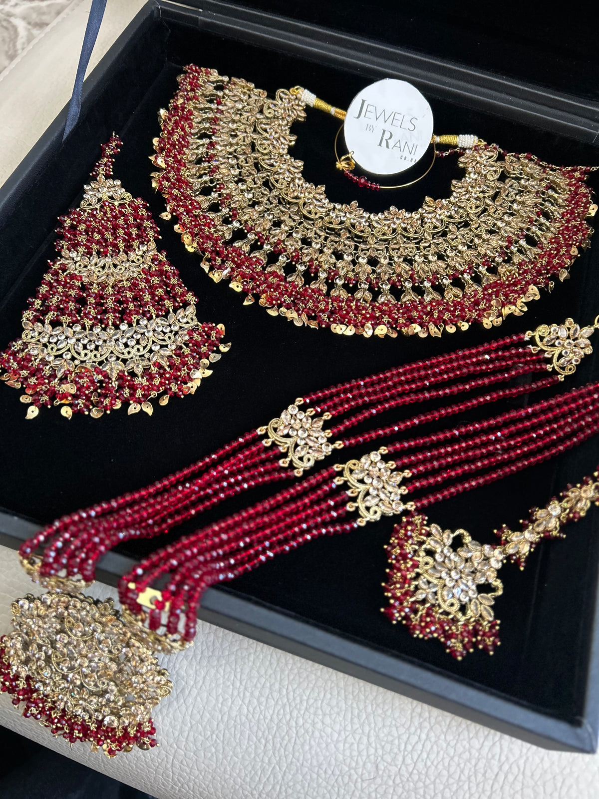 Pre Order 6 Weeks- Deep Red and Gold Large Necklace, Jhumar and Mala Set Perfect for Hijabis