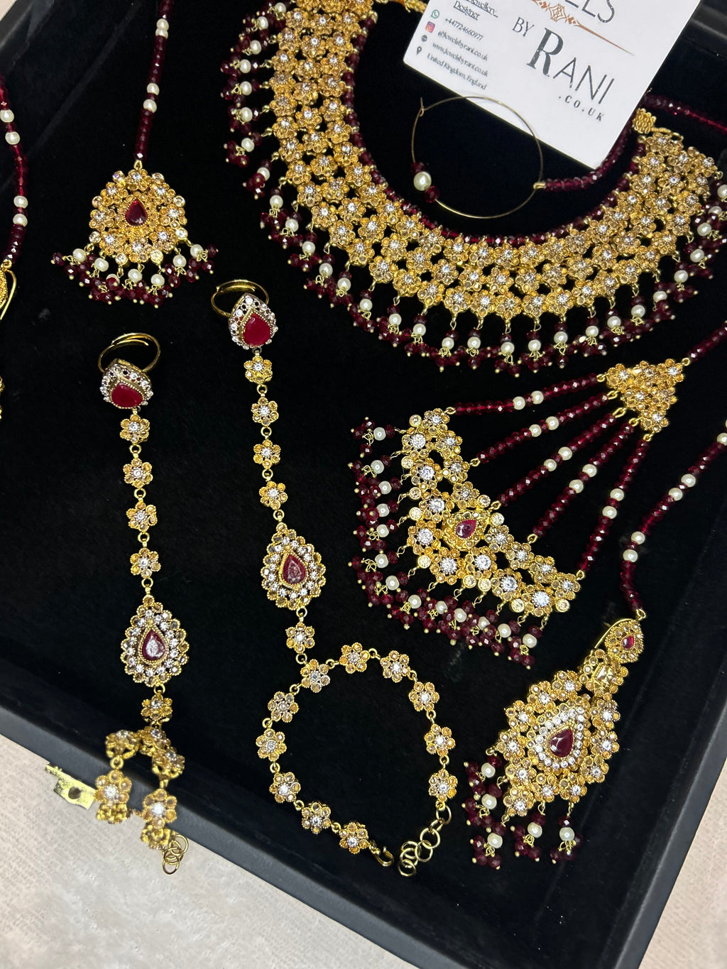 Beautiful Maroon & White Pakistani Necklace Set Full Bridal Jewellery Set | Including 2 Hand Pieces | Style 7279