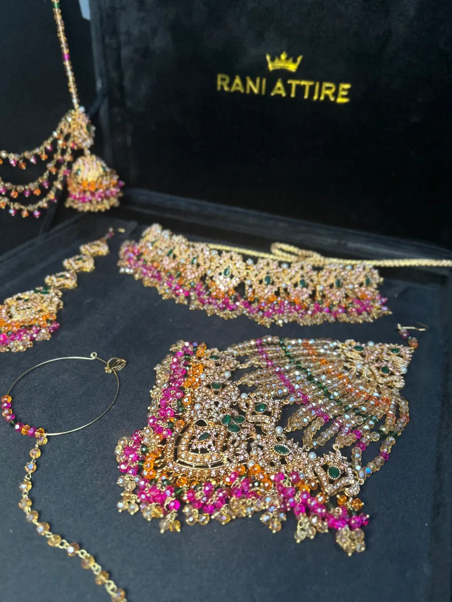 Multi Choker Green, Orange & Hot Pink coloured necklace set, with heavily beaded Jhumkies & tikka | Gold Stones