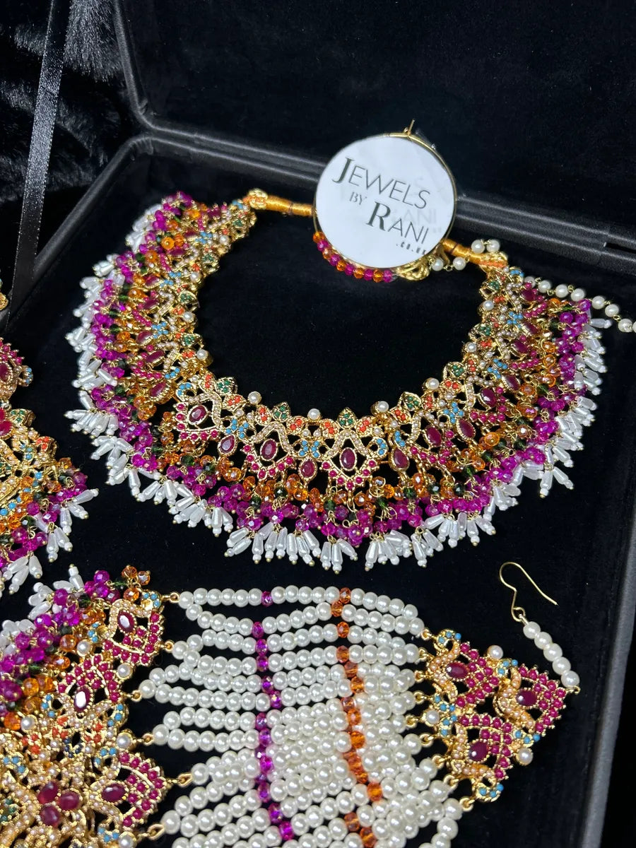 New Multi coloured Necklace set, with heavily beaded Jhumkies & tikka |Dark Pink Stones - Jewelsbyrani