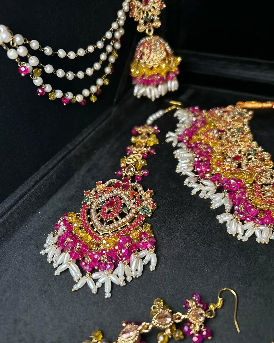 Stunning Yellow & Pink Multi coloured necklace set, with heavily beaded earrings & tikka - Jewelsbyrani