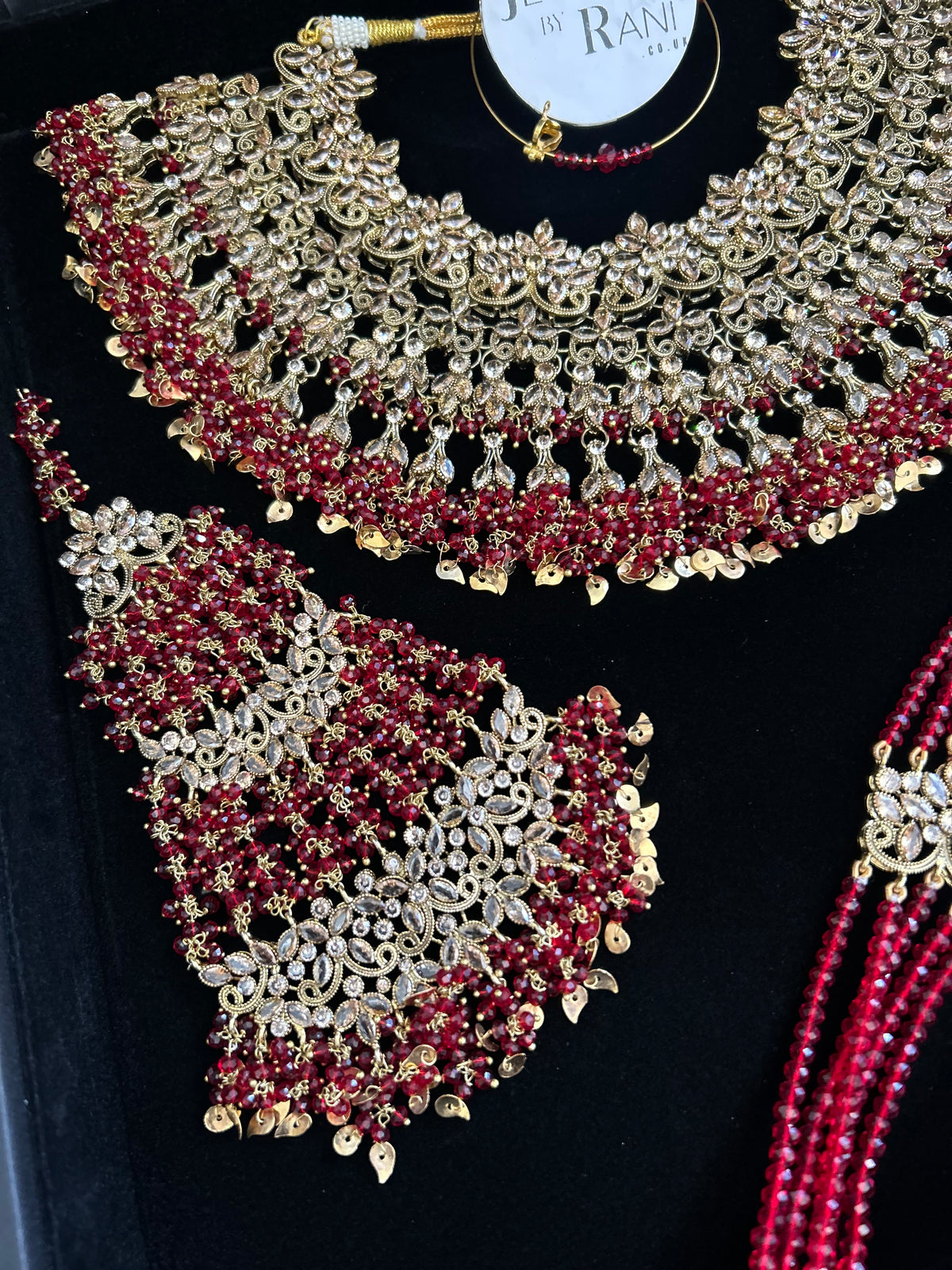 Pre Order 6 Weeks- Deep Red and Gold Large Necklace, Jhumar and Mala Set Perfect for Hijabis