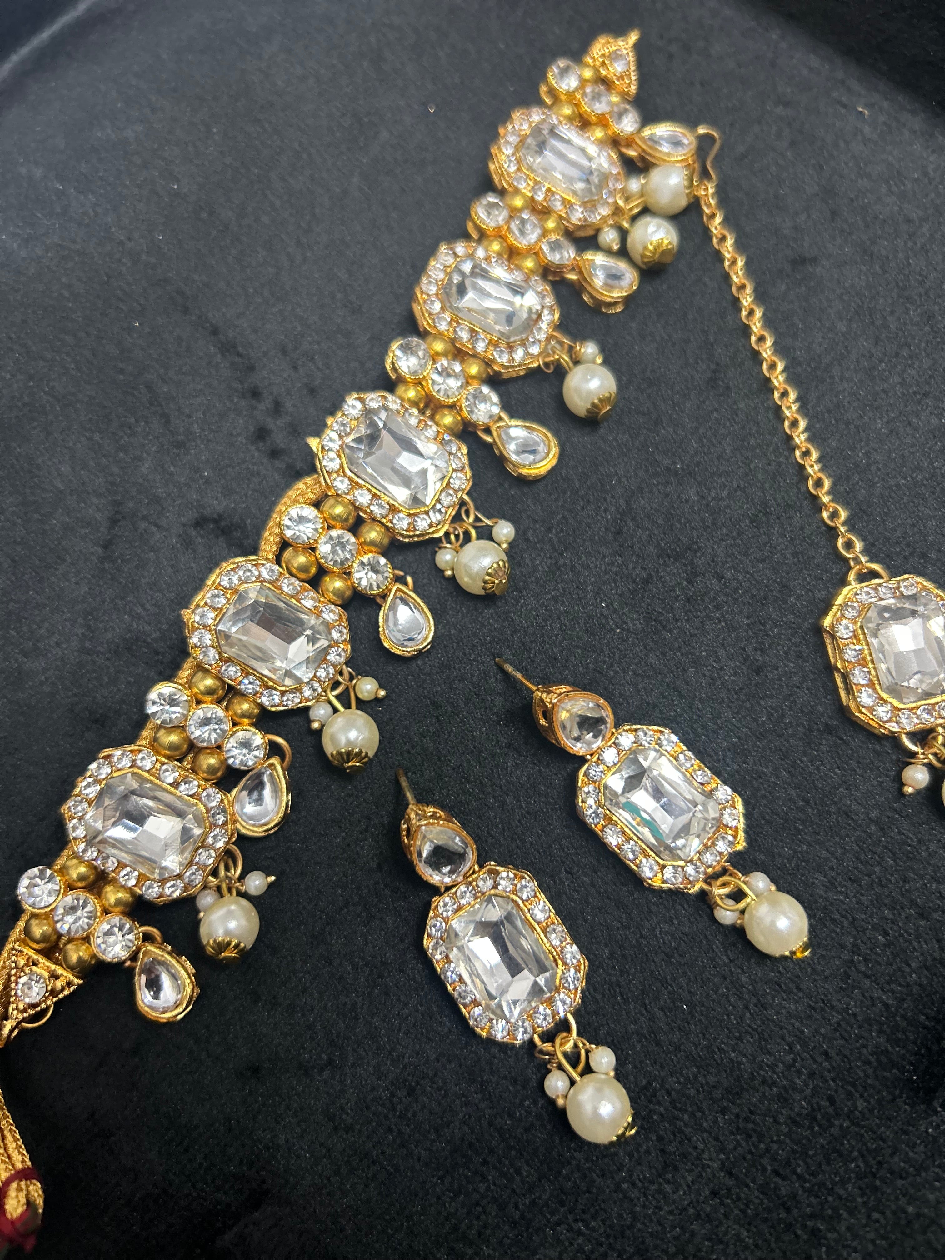 Stunning Light Weight Silver, gold and White Choker with Earrings and Tikka