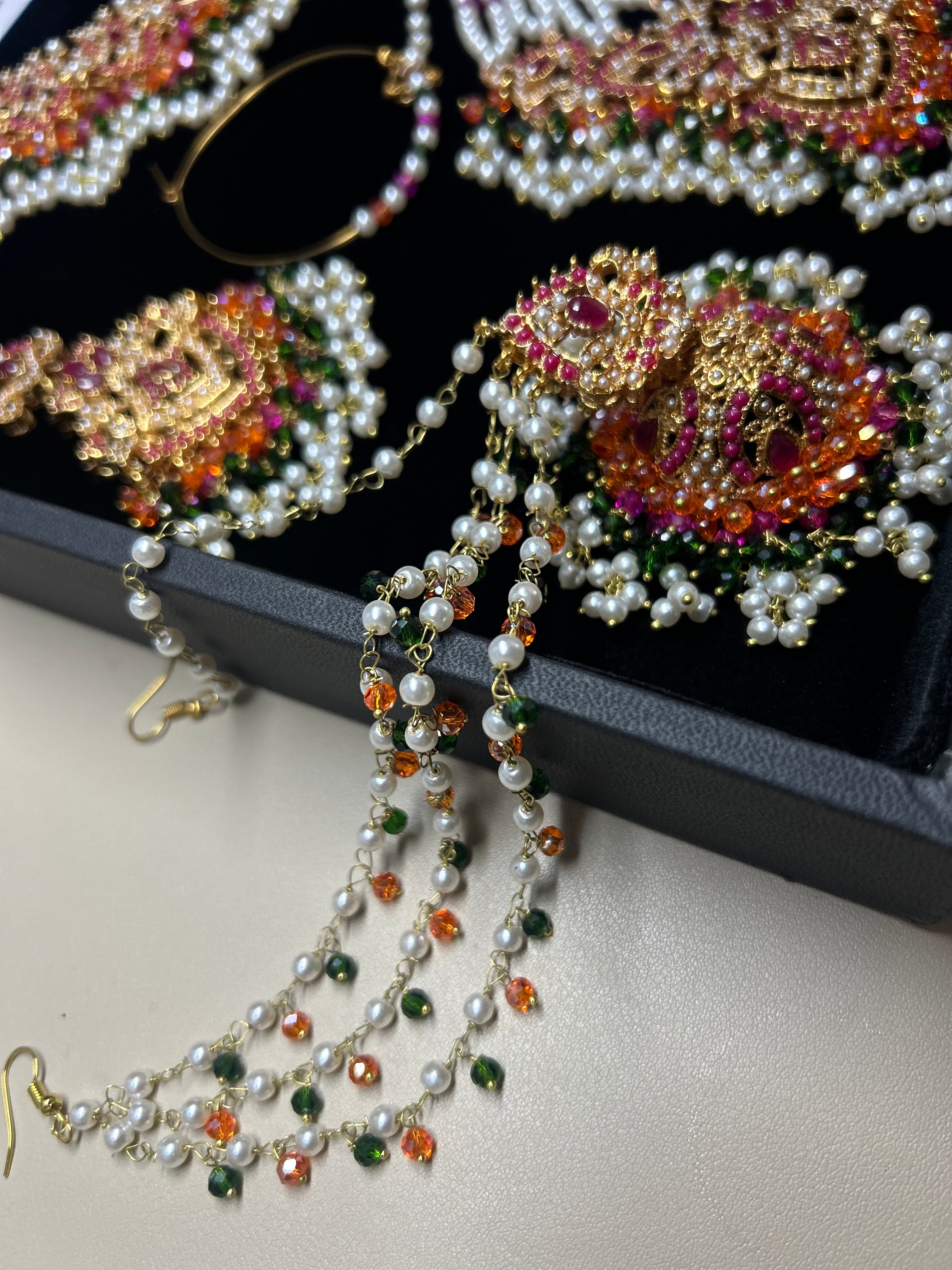 Green, Hot pink, Gold & White coloured necklace set, with heavily beaded Jhumkies & tikka (Copy)