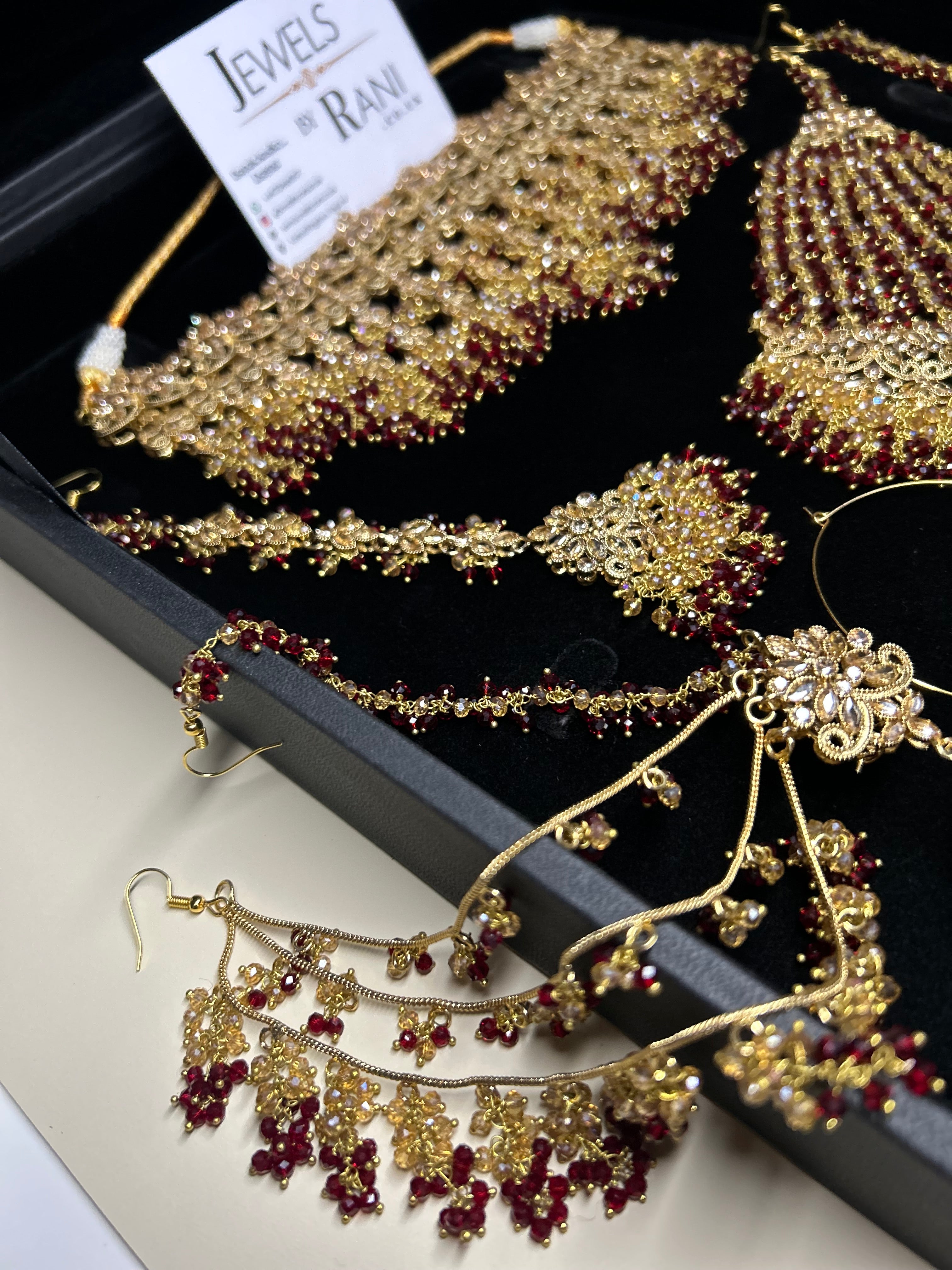 PRE ORDER: 6 Week Making time- Beautiful Maroon & Gold Dangle Necklace  22crt Gold Plated Bridal Jewellery Set