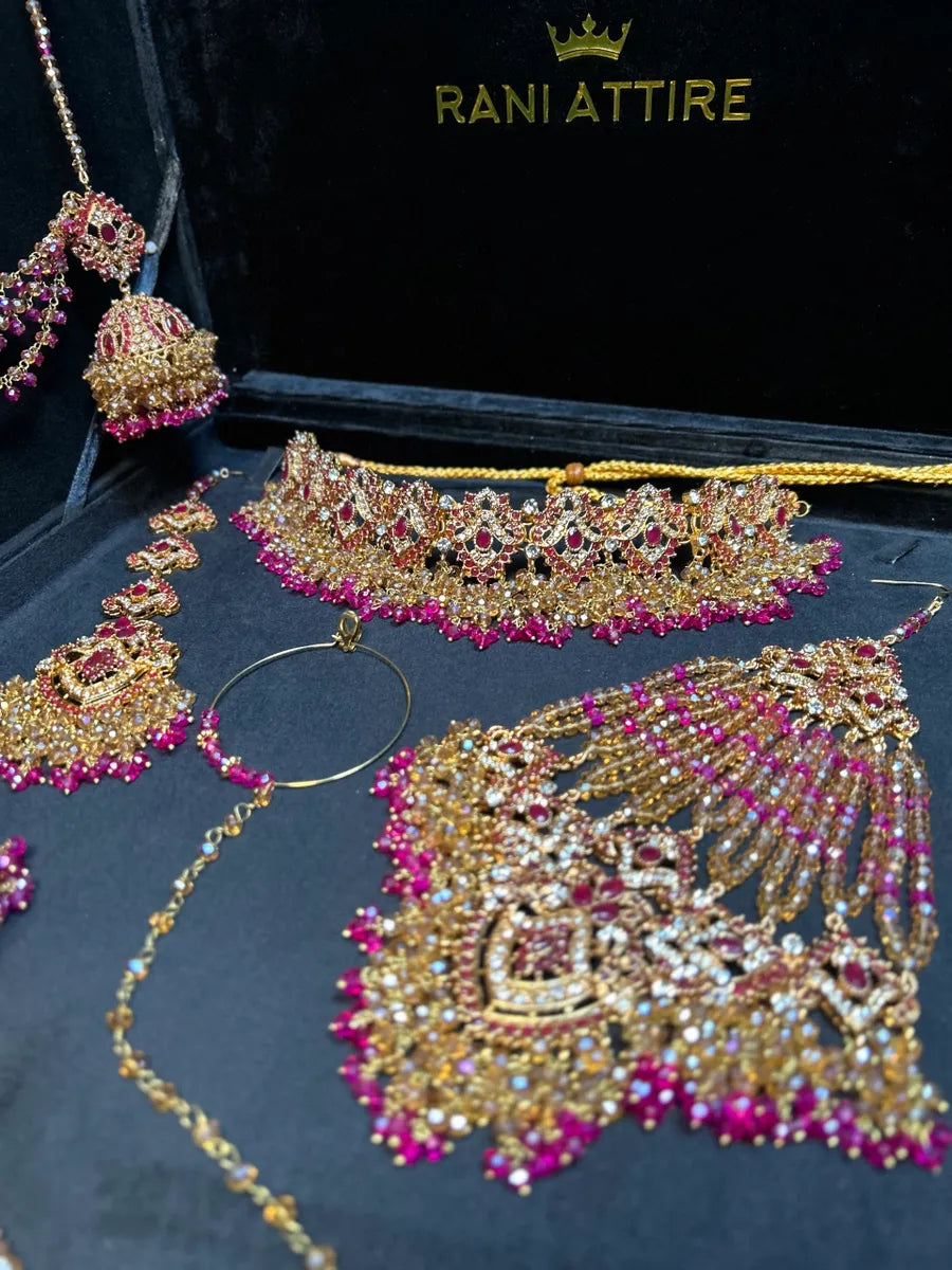 Beautiful Mehndi Choker Hot Pink & Gold Bridal Set - Jewelsbyrani