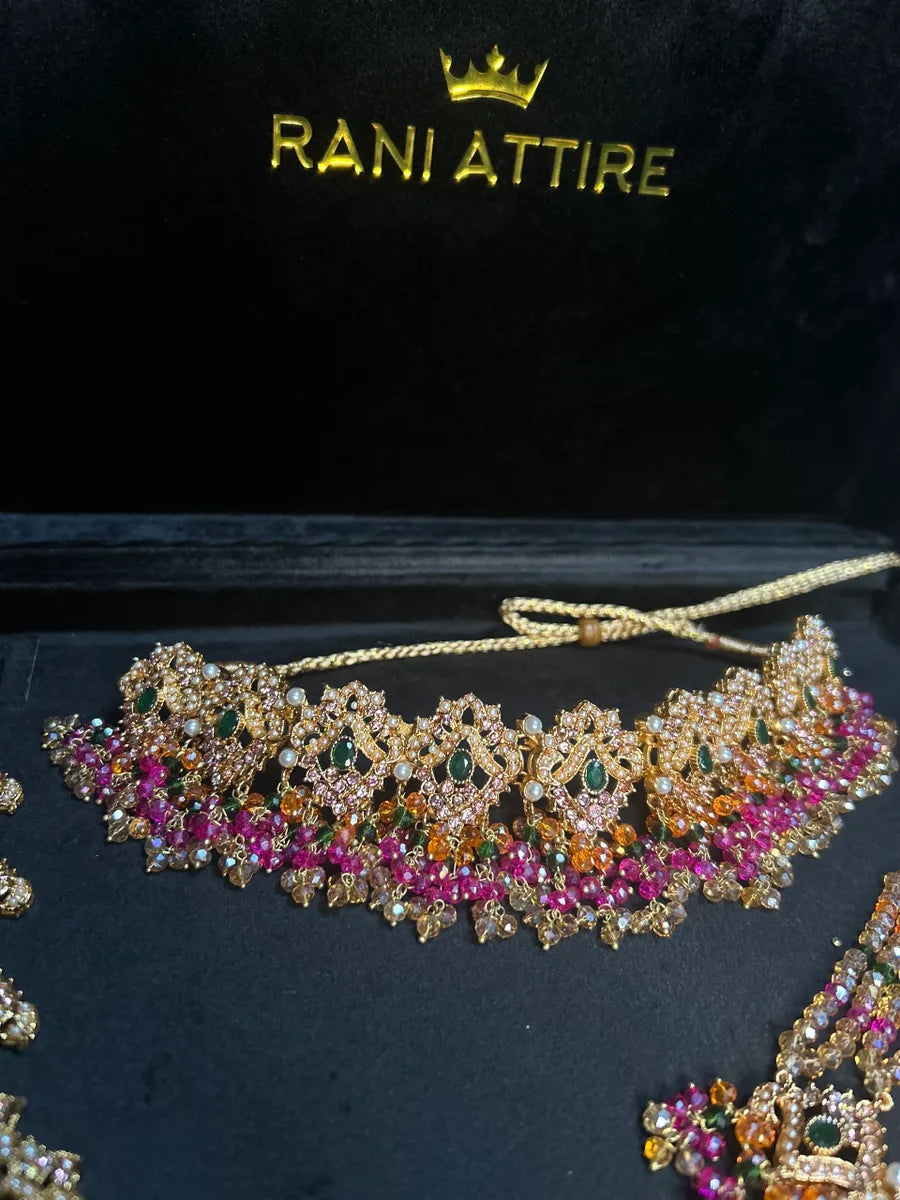 Multi Choker Green, Orange & Hot Pink coloured necklace set, with heavily beaded Jhumkies & tikka | Gold Stones