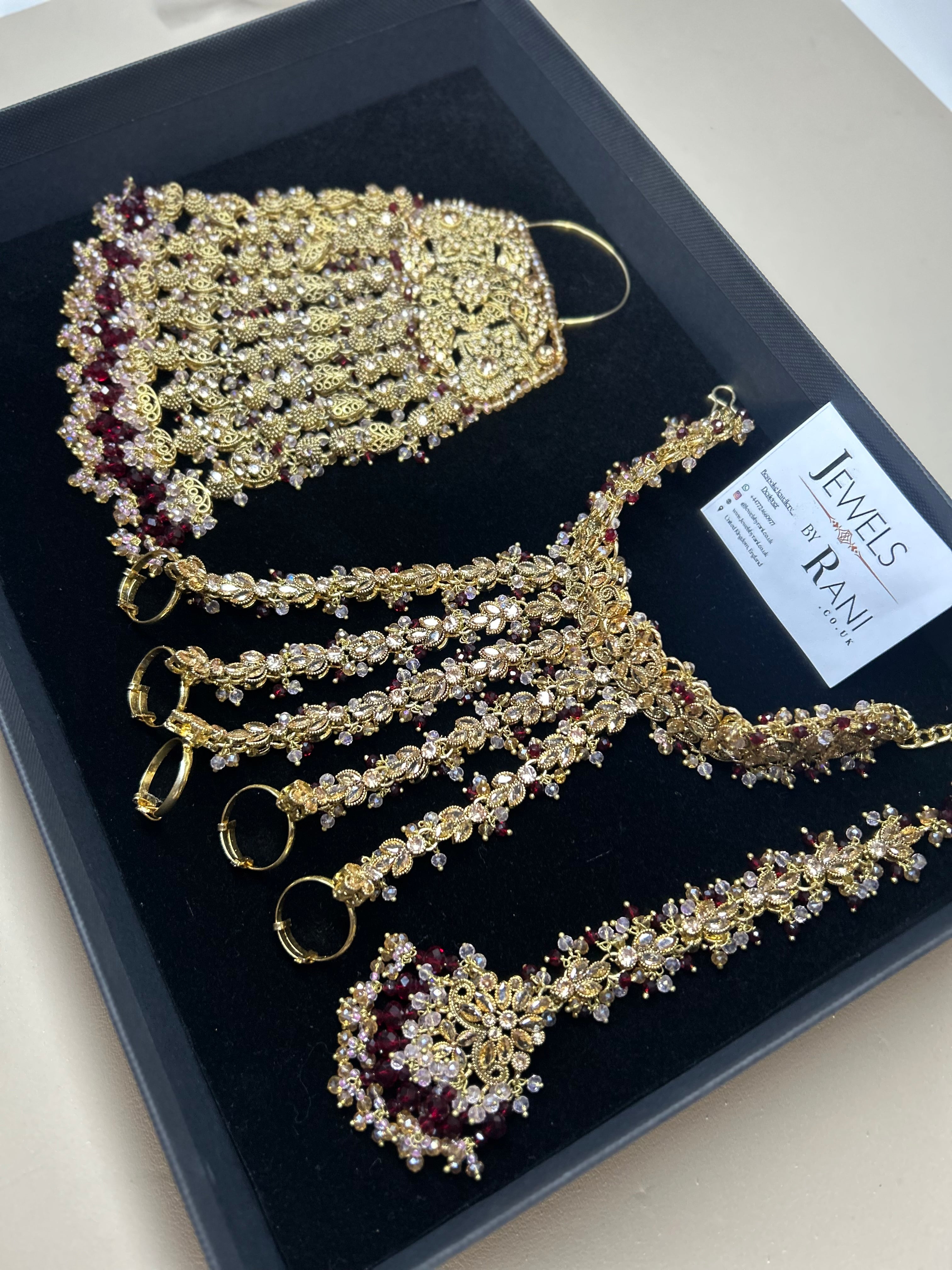 Pre Order 6 Weeks: 22crt Gold Plated Hand Piece, Jhumar & Tikka