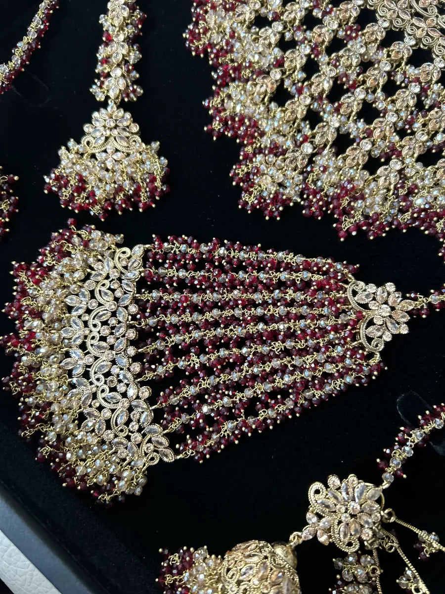 24 crt Gold Plated Dangle necklace Maroon and Gold beading - Bridal Jewellery Set