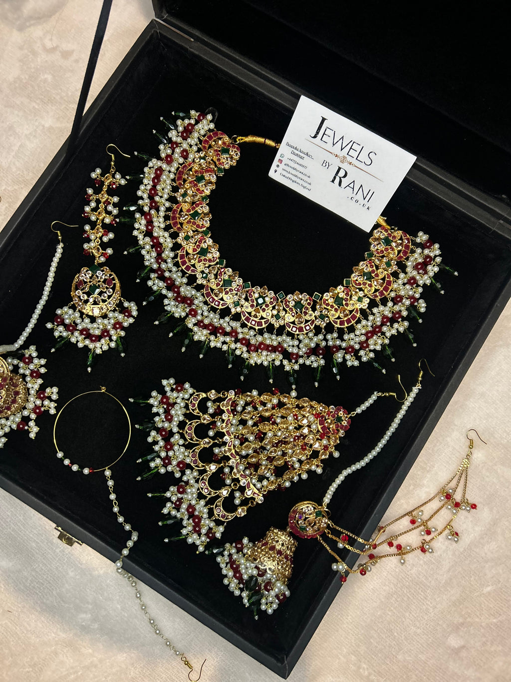 Beautiful Dark Red, Green Drop Crystal and White Kundan Full Bridal Jewellery Set/ Style 17304