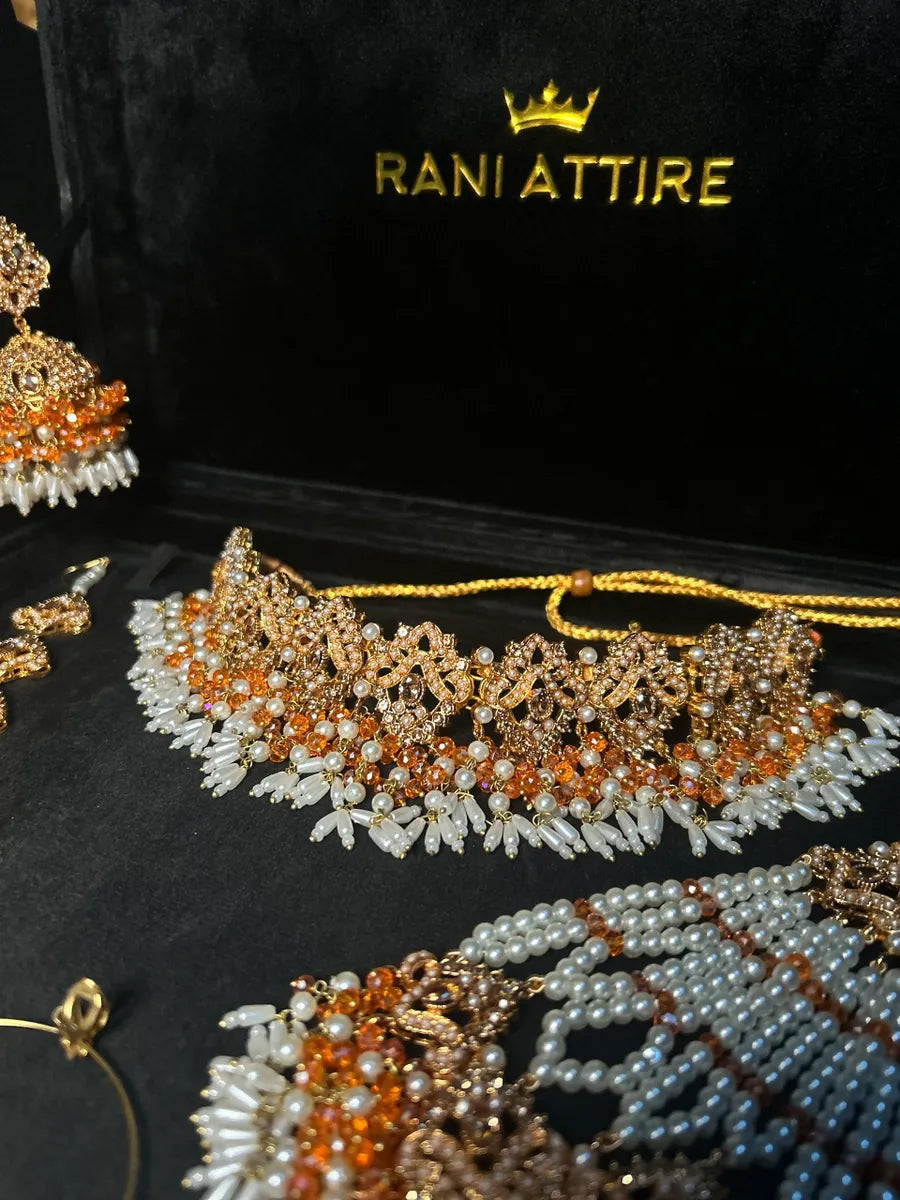 White & Orange Choker set, with heavily beaded earrings & tikka - Jewelsbyrani