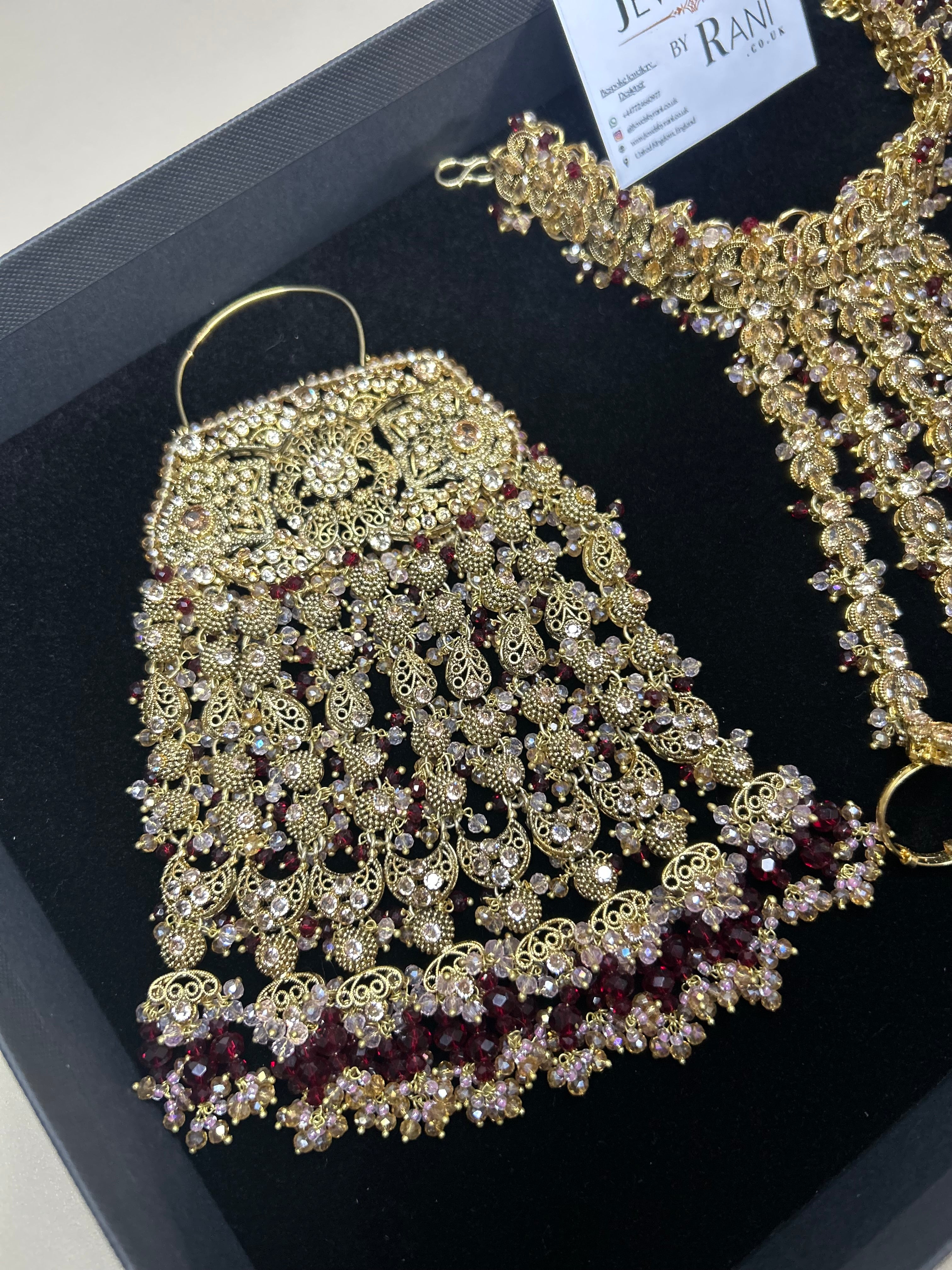 Pre Order 6 Weeks: 22crt Gold Plated Hand Piece, Jhumar & Tikka
